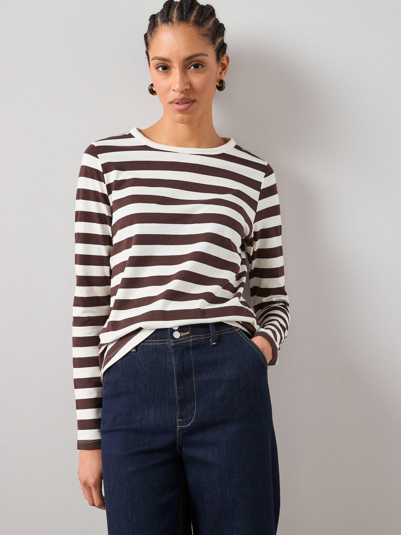 front image of the-very-collection-long-sleeve-oversize-basic-stripe-tee-brown