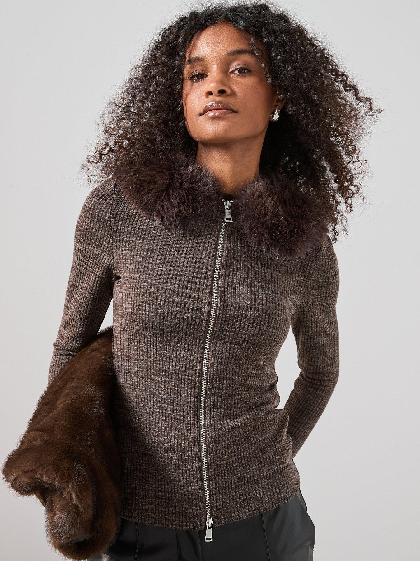 The Very Collection Faux Fur Collar Zip Up Top - Brown