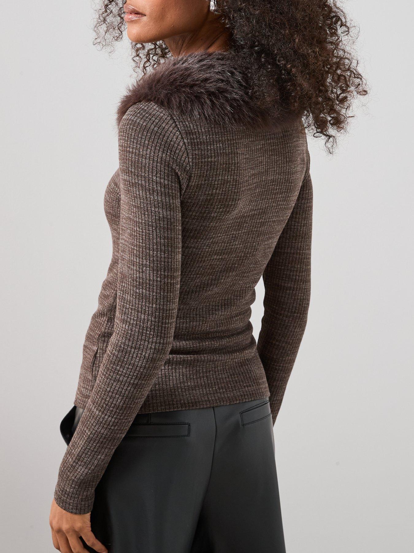 Image 2 of 7 of The Very Collection Fur Collar Zip Up Top