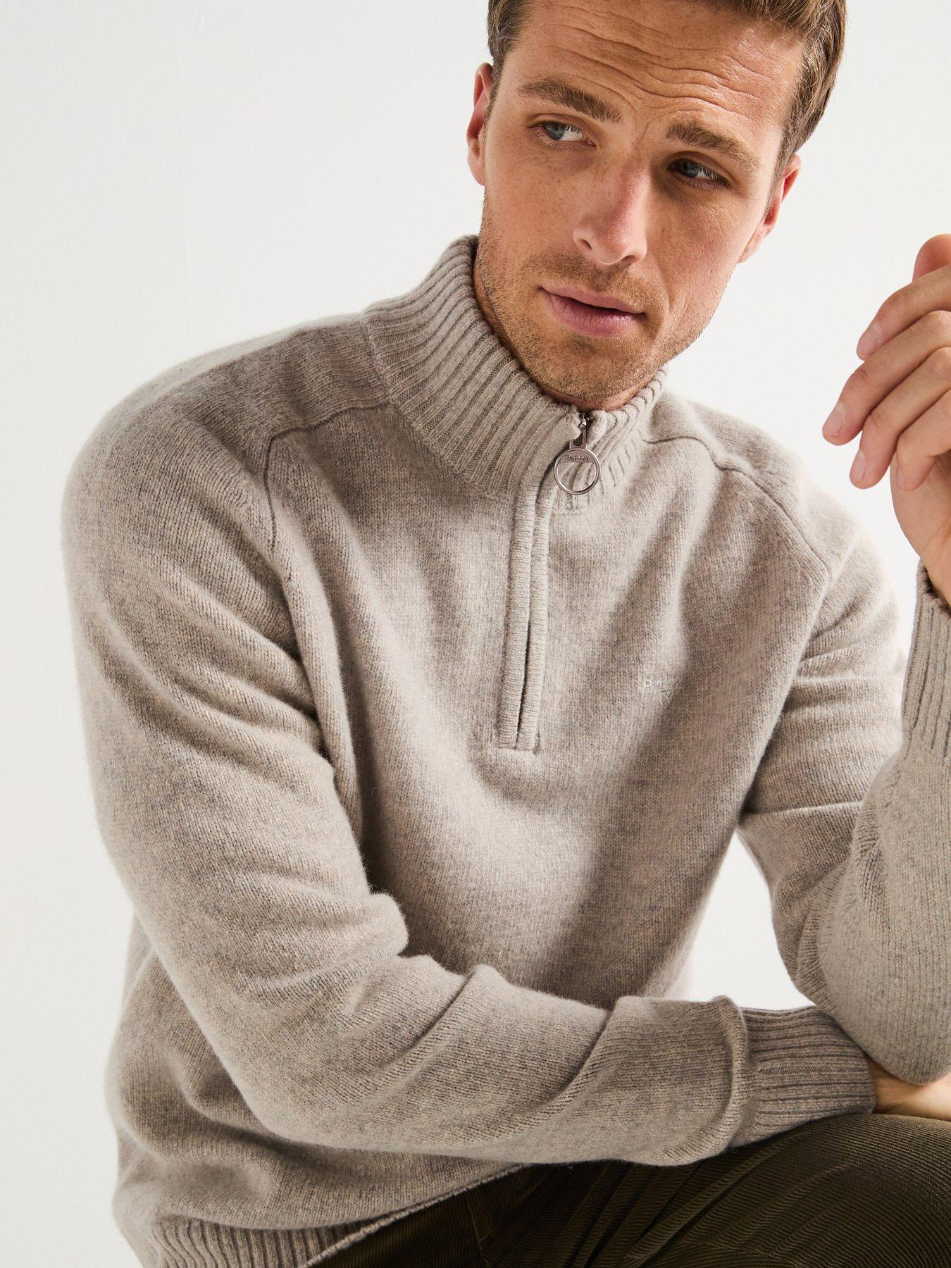 front image of barbour-grangetown-half-zip-knitted-jumper--light-grey
