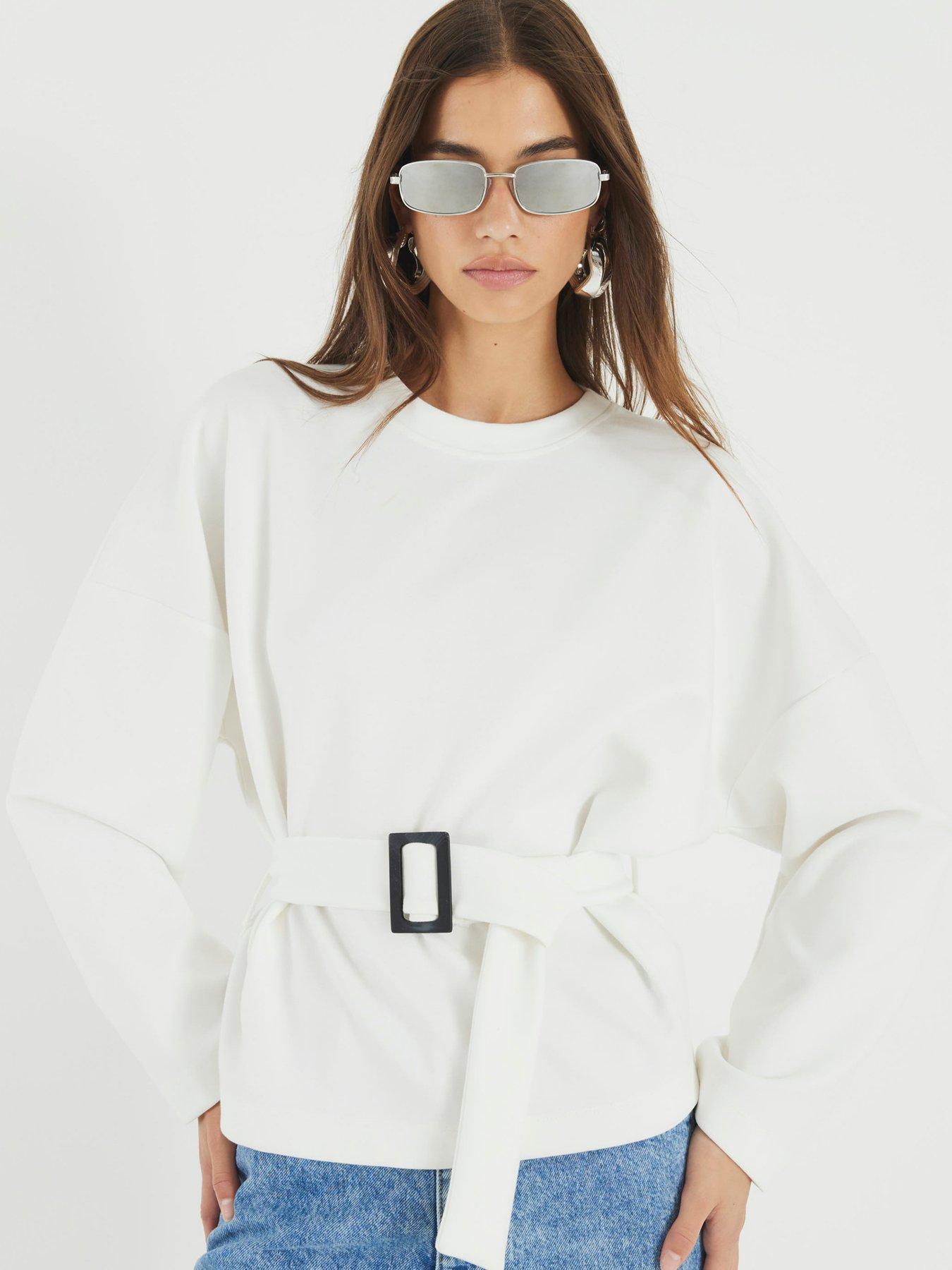 Image 1 of 4 of River Island Long Sleeve Belted Sweatshirt - White