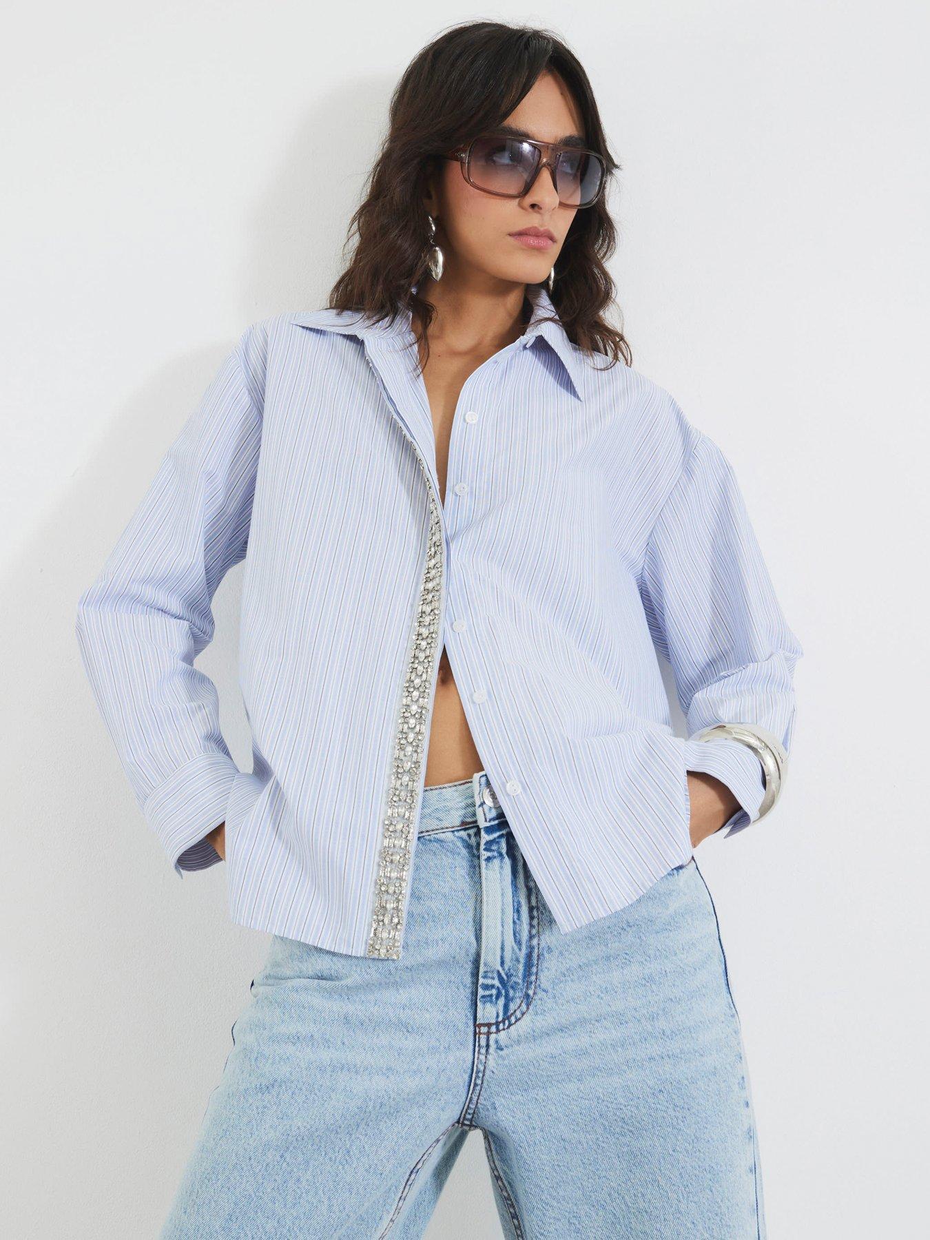 undefined Diamante Trim Stripe Shirt - Blue
