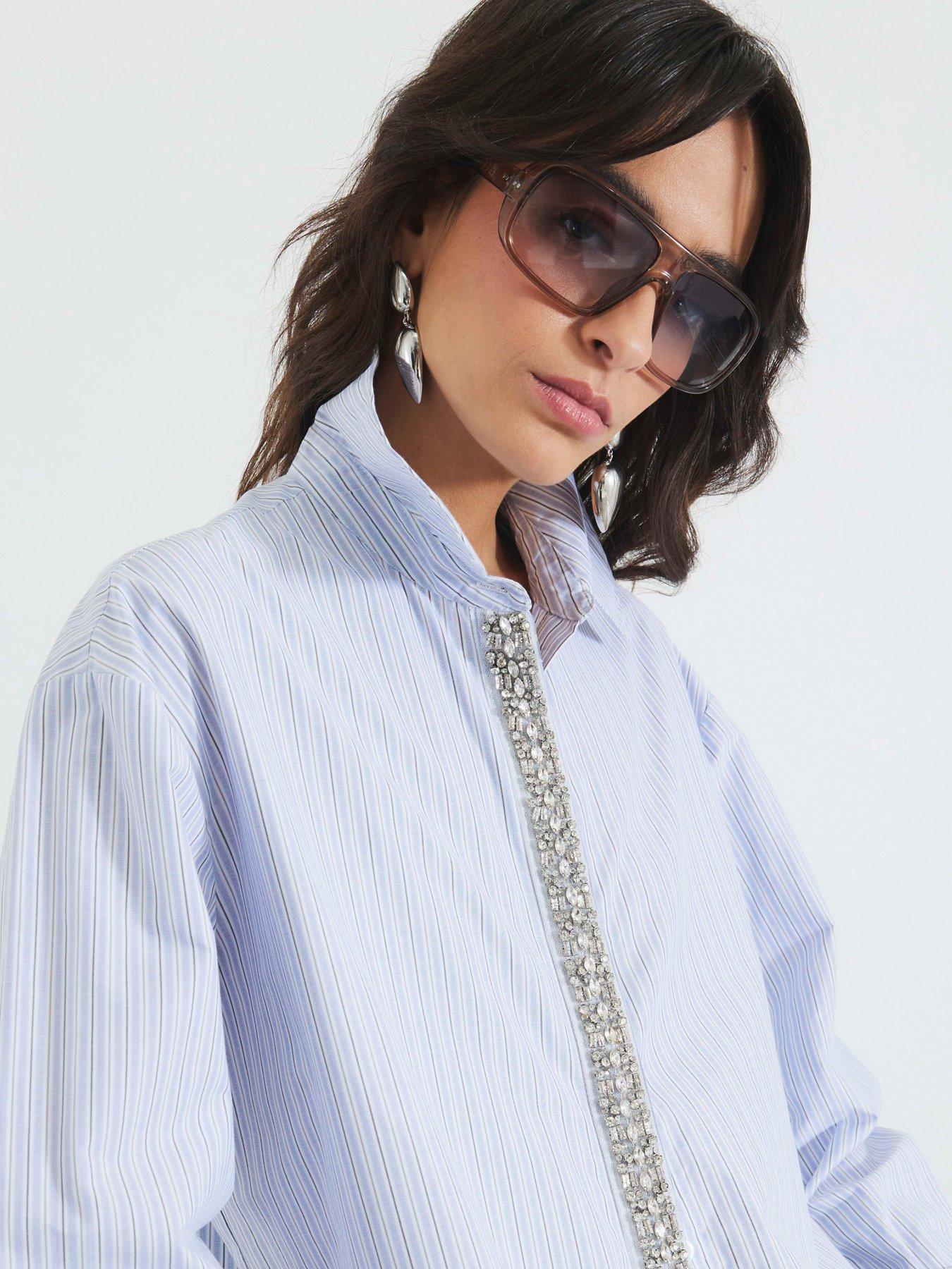 Image 4 of 4 of River Island Diamante Trim Stripe Shirt - Blue