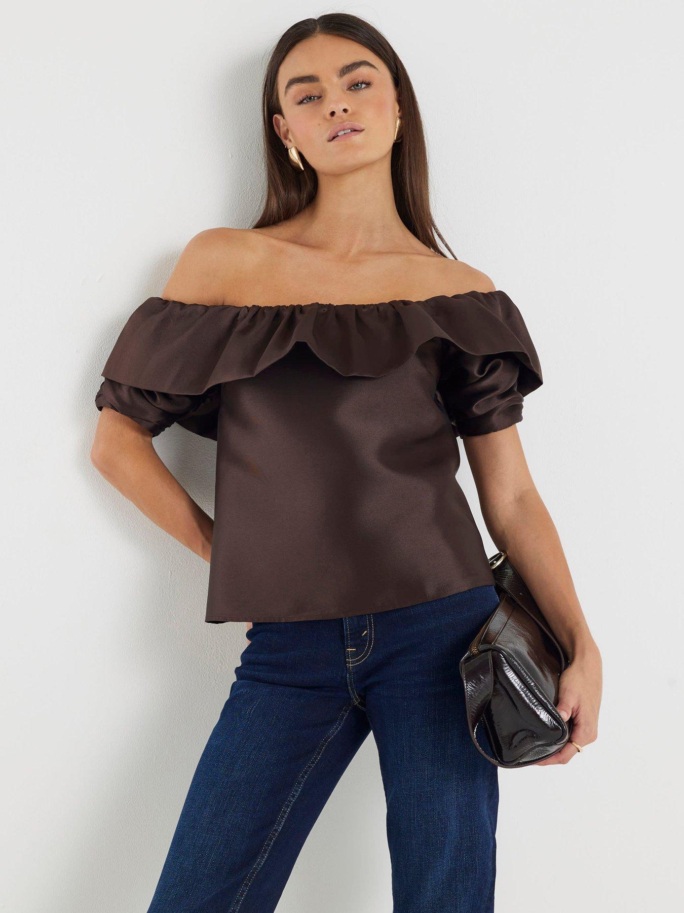 undefined Premium Frill Detail Short Sleeve Top - Brown