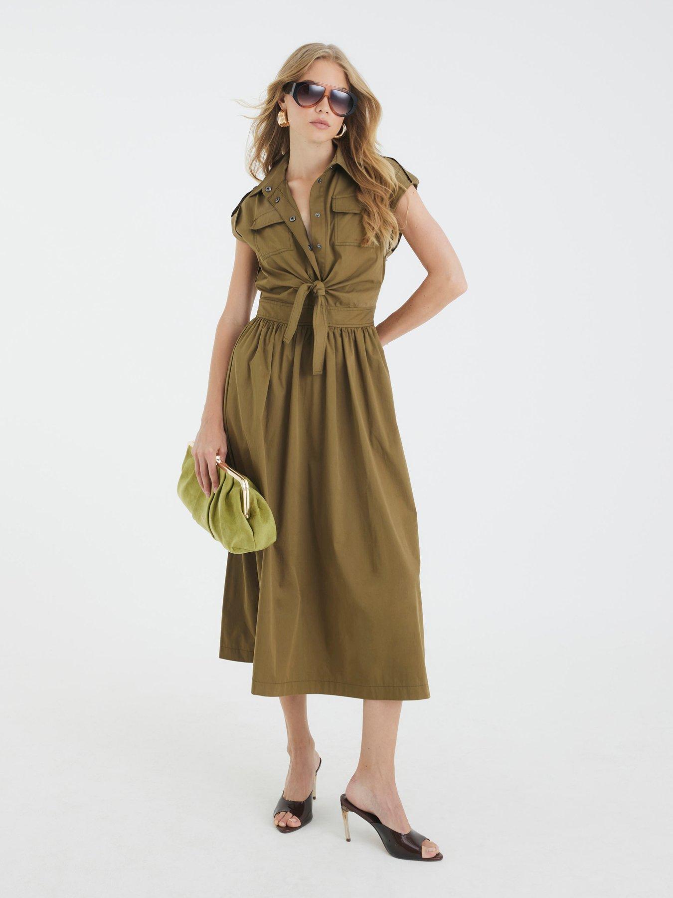 Image 1 of 4 of River Island Utility Midi Dress - Khaki