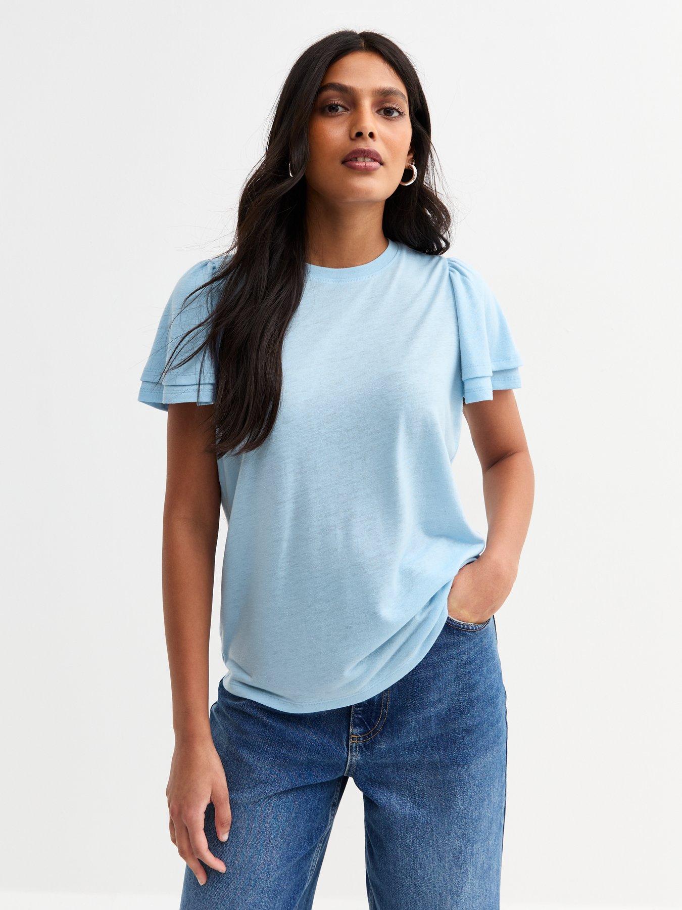 undefined Light Blue Flutter Sleeve T-shirt