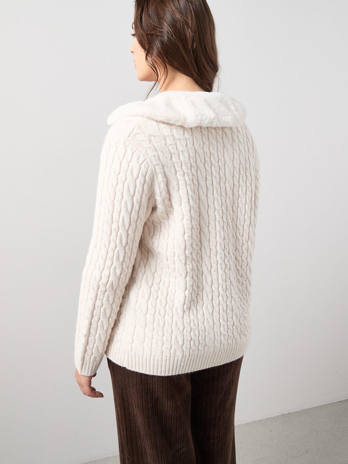 Image 2 of 6 of The Very Collection Curve Fur Collar Knitted Cardigan - Cream