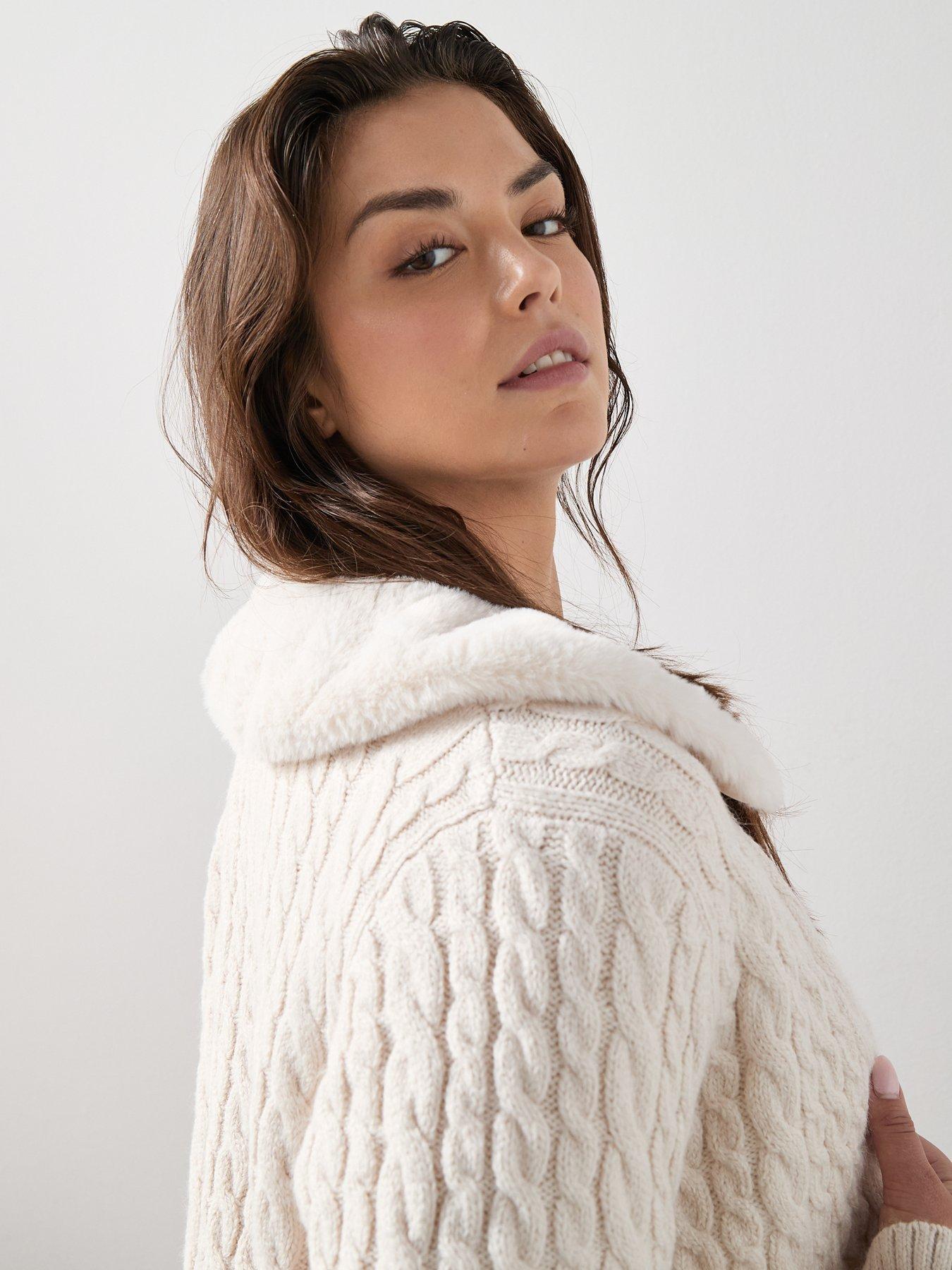 Image 4 of 6 of The Very Collection Curve Fur Collar Knitted Cardigan - Cream