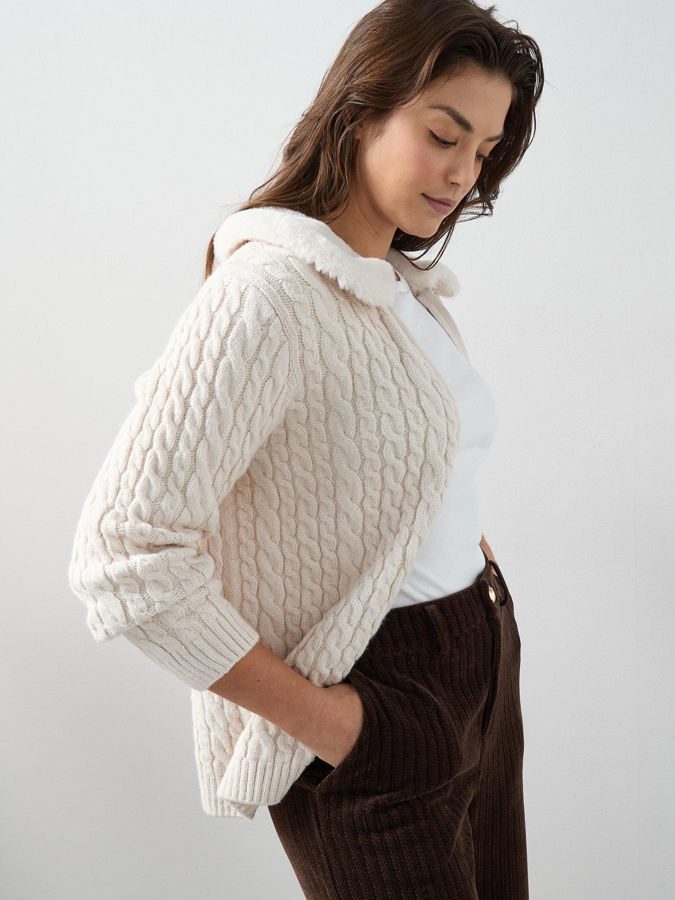 Image 5 of 6 of The Very Collection Curve Fur Collar Knitted Cardigan - Cream