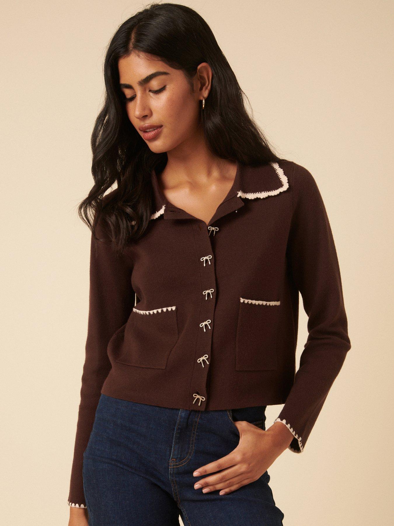 undefined Collared Crochet Knitted Jacket - Brown