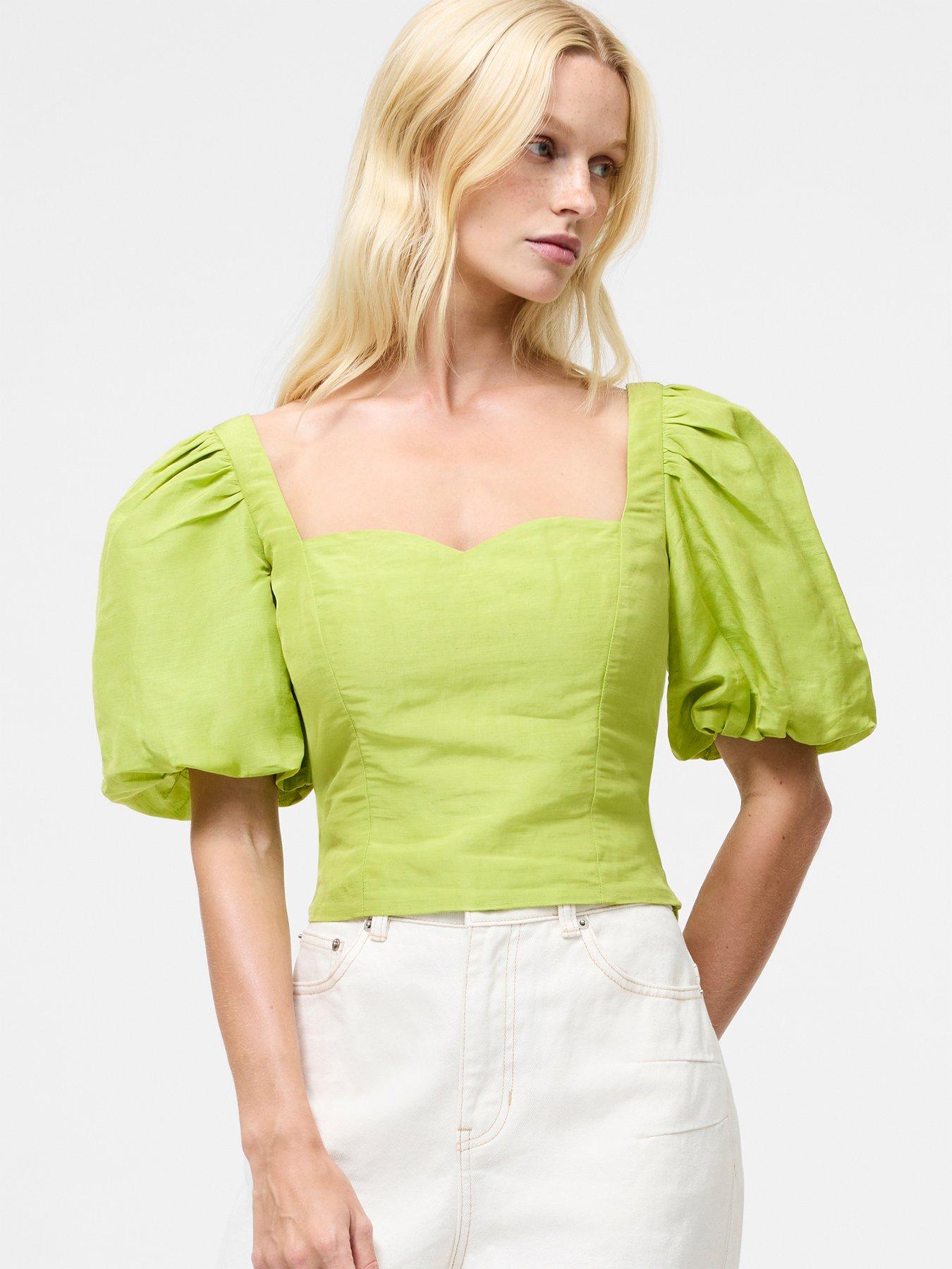 undefined Linen Blend Puff Sleeve Sweetheart Neck Crop Top
