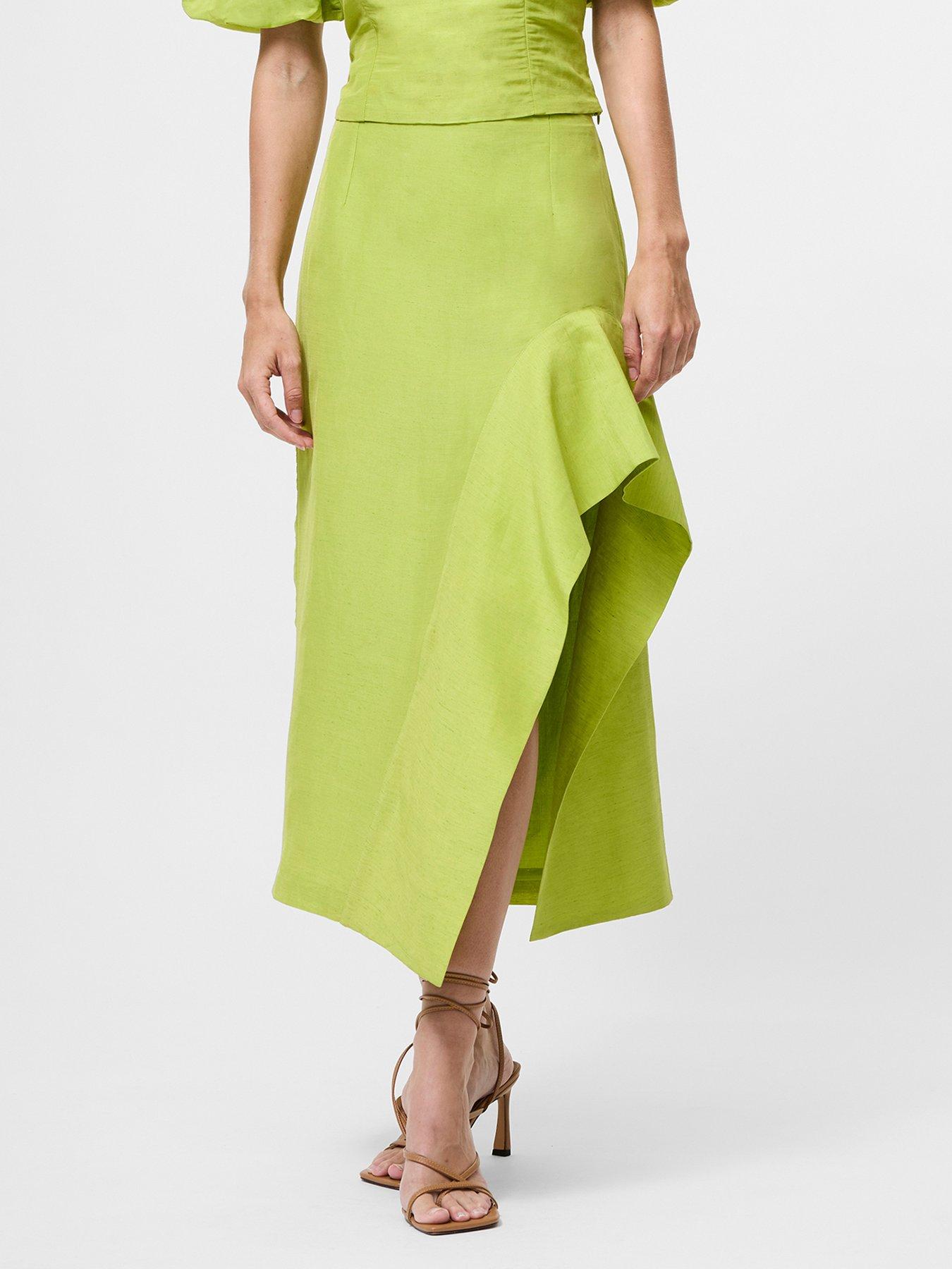 undefined Linen Blend Frill Hem Split Midi Skirt