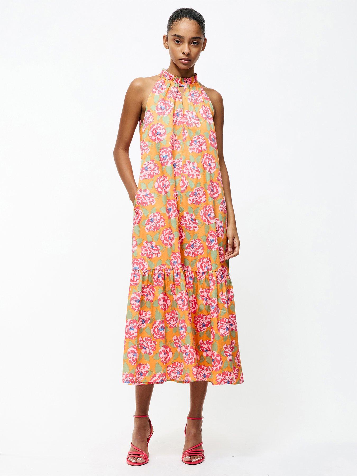 undefined Floral Print Keyhole Halterneck Frill Midi Dress