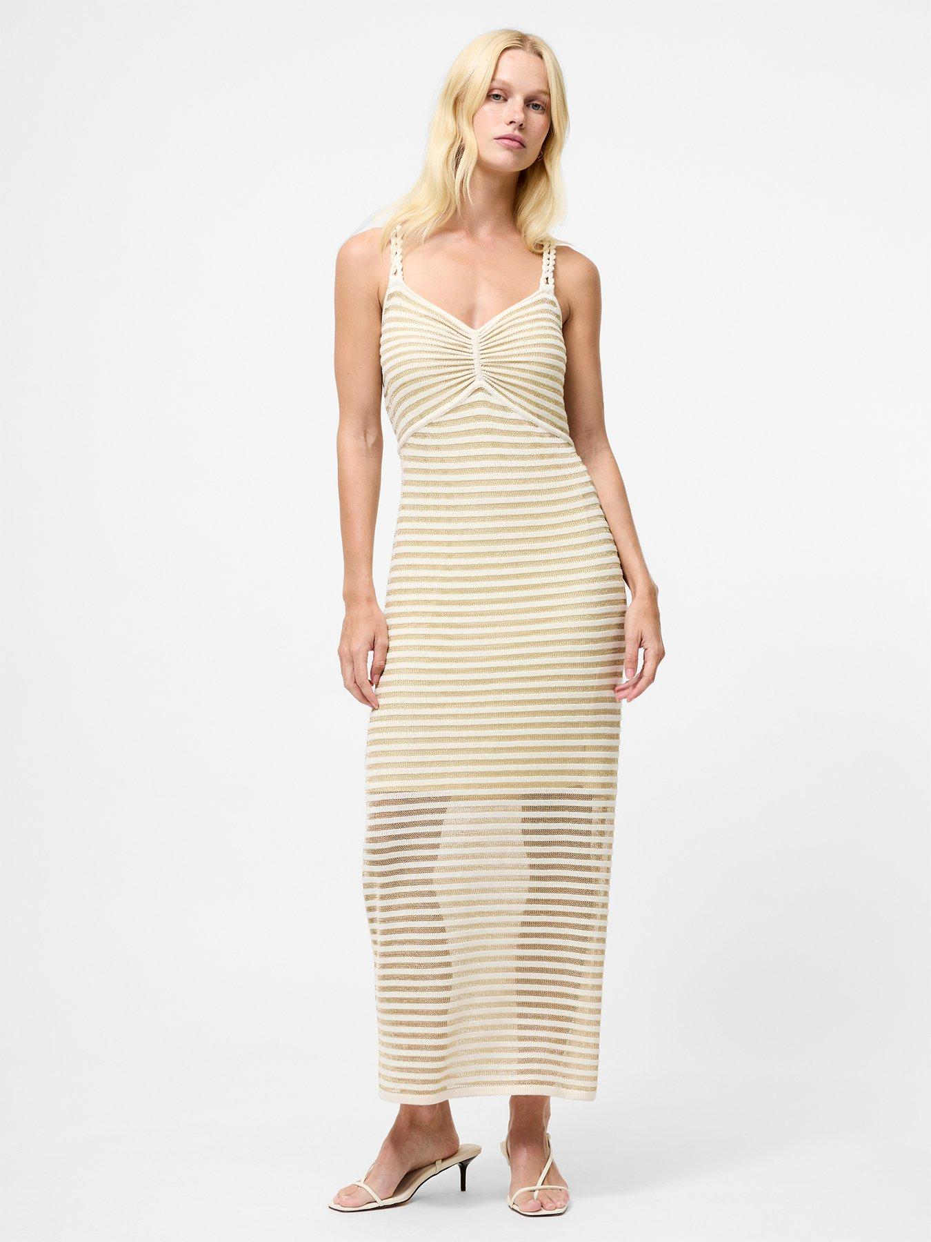 undefined Cotton Stripe Ruched Chest Braided Straps Midi Dress