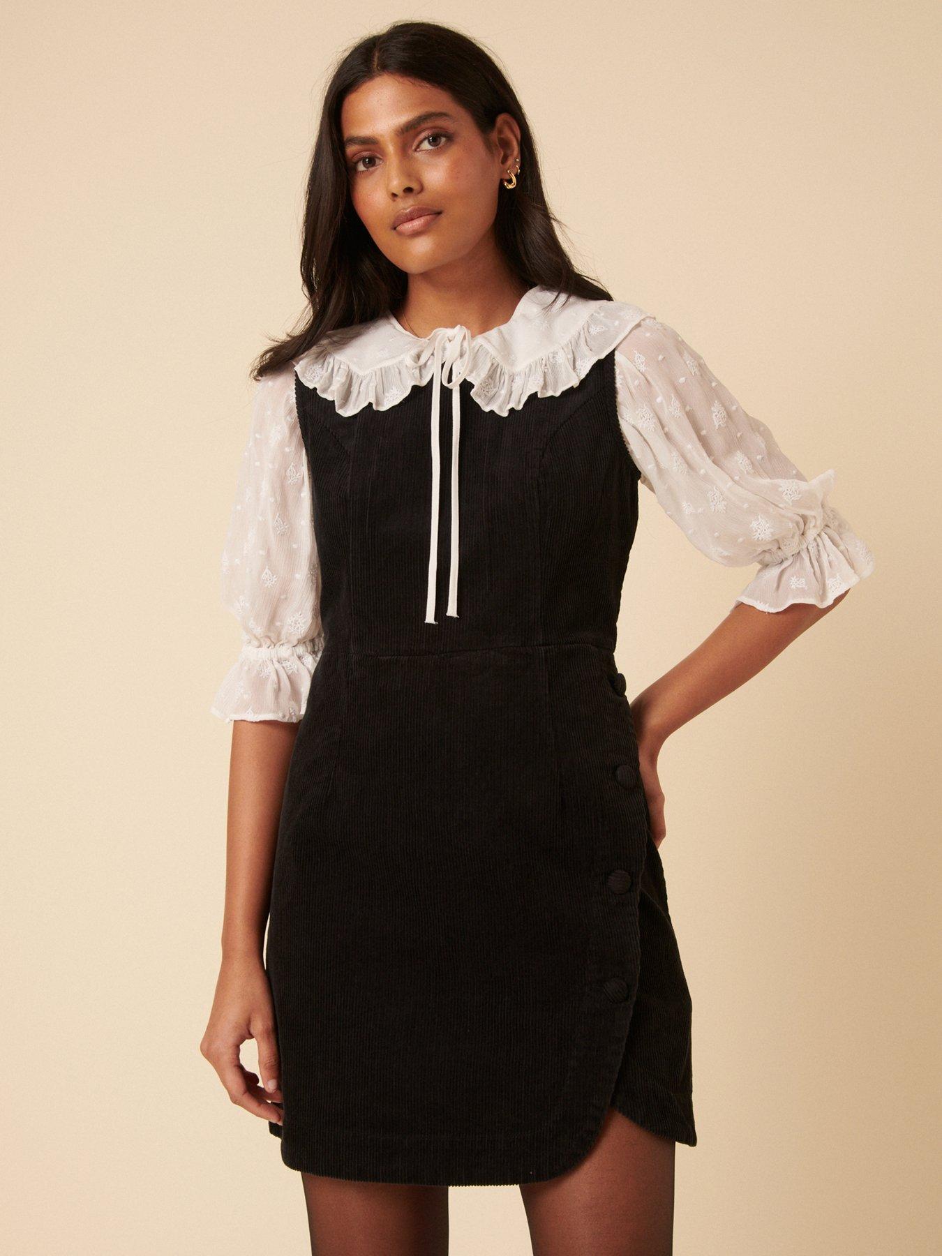 Image 1 of 5 of Nobodys Child Birch Pinafore Mini Cord Dress Plain - Black