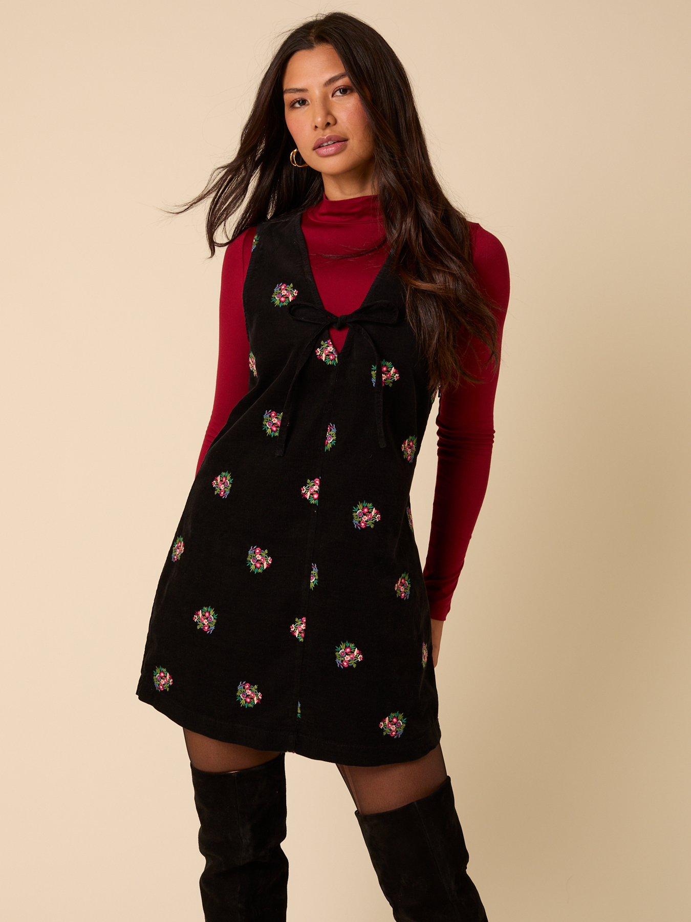undefined Nila Embroidered Pinafore Mini Dress Embroidered - Black