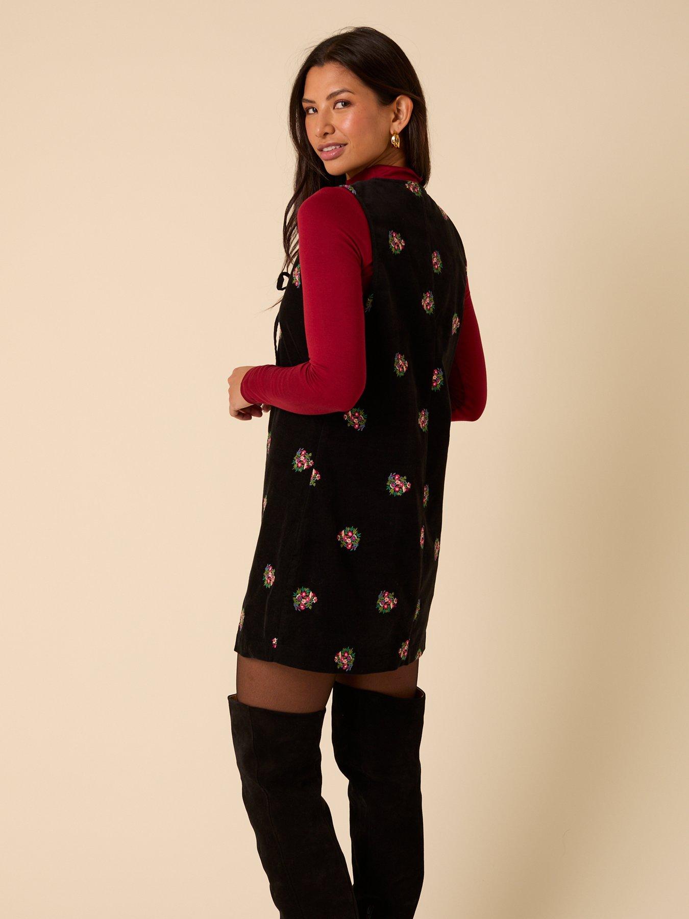 Image 2 of 6 of Nobodys Child Nila Embroidered Pinafore Mini Cord Dress Embroidered - Black