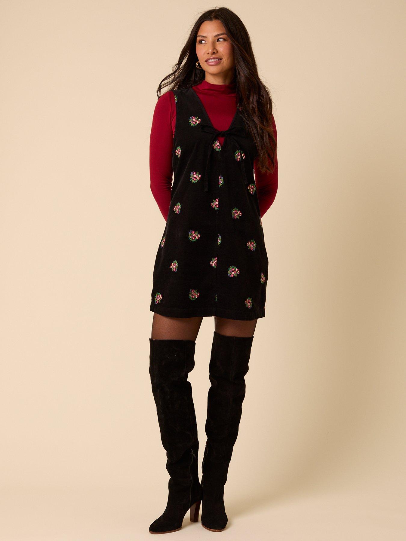 Image 3 of 6 of Nobodys Child Nila Embroidered Pinafore Mini Cord Dress Embroidered - Black