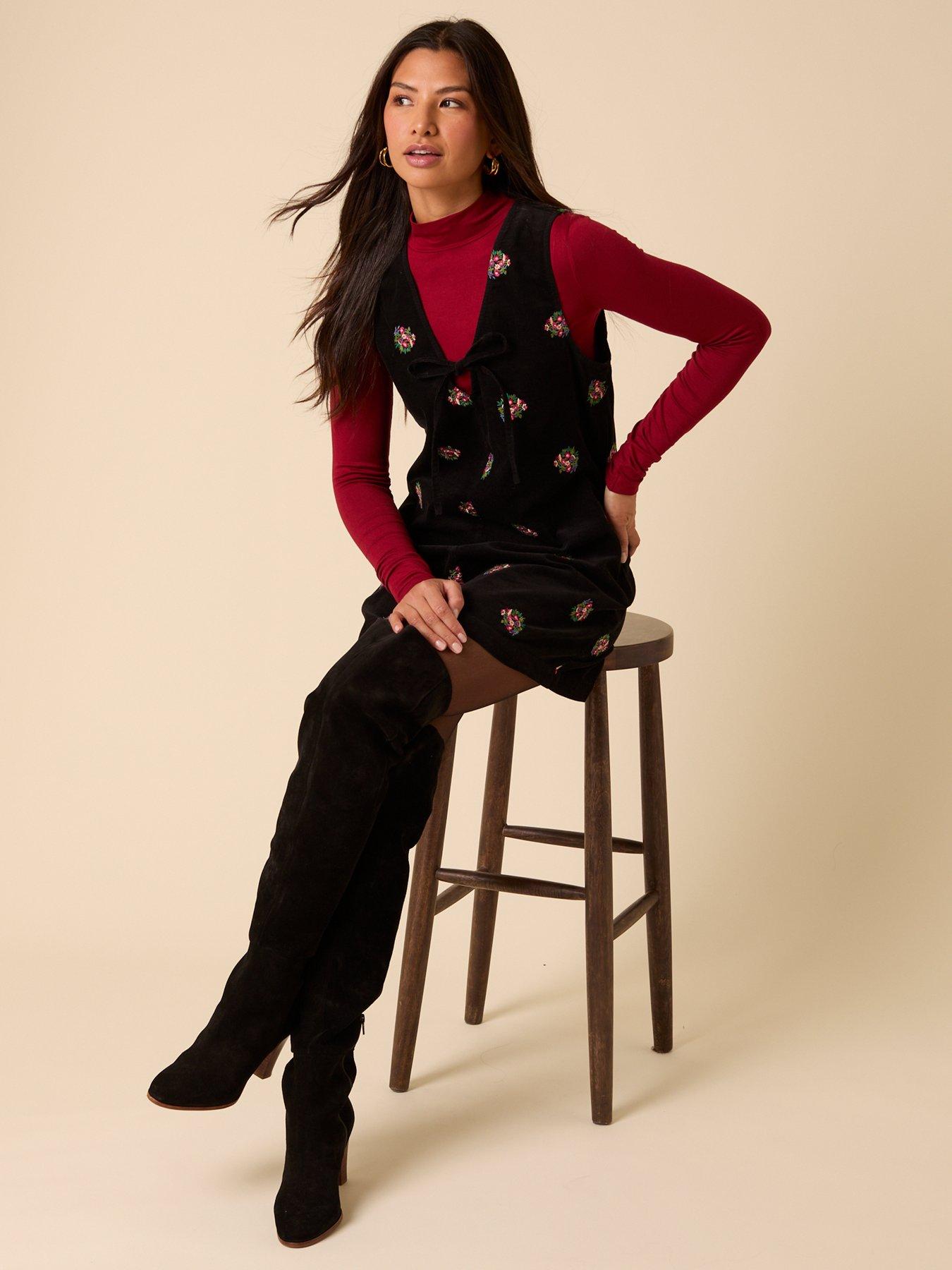 Image 5 of 6 of Nobodys Child Nila Embroidered Pinafore Mini Cord Dress Embroidered - Black
