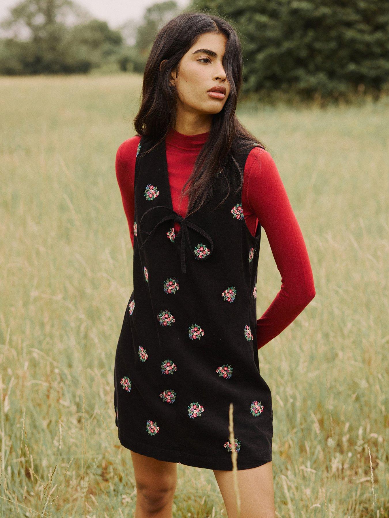 Image 6 of 6 of Nobodys Child Nila Embroidered Pinafore Mini Cord Dress Embroidered - Black