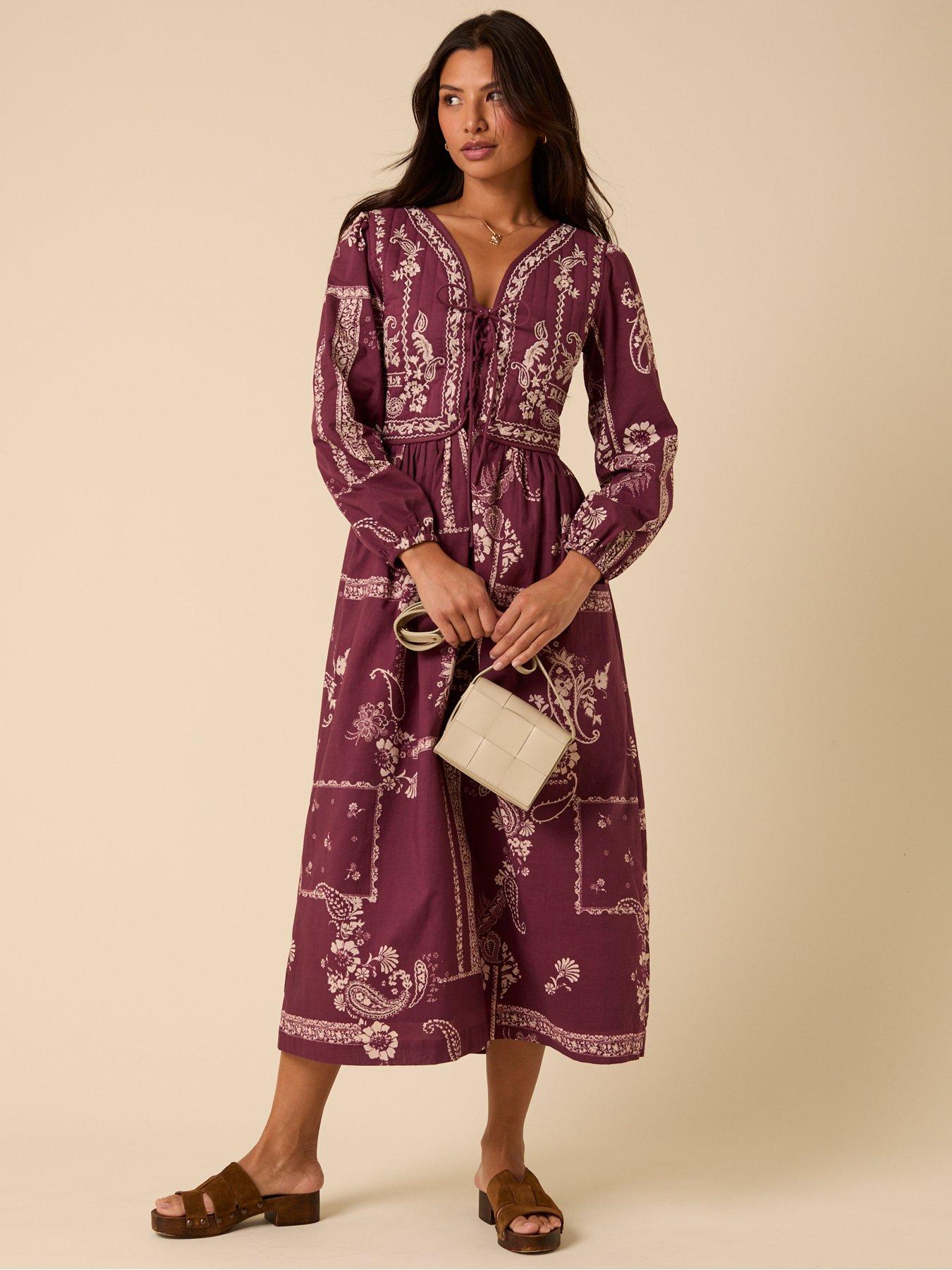 Image 1 of 5 of Nobodys Child Monroe Midi Dress Embroidered - Red