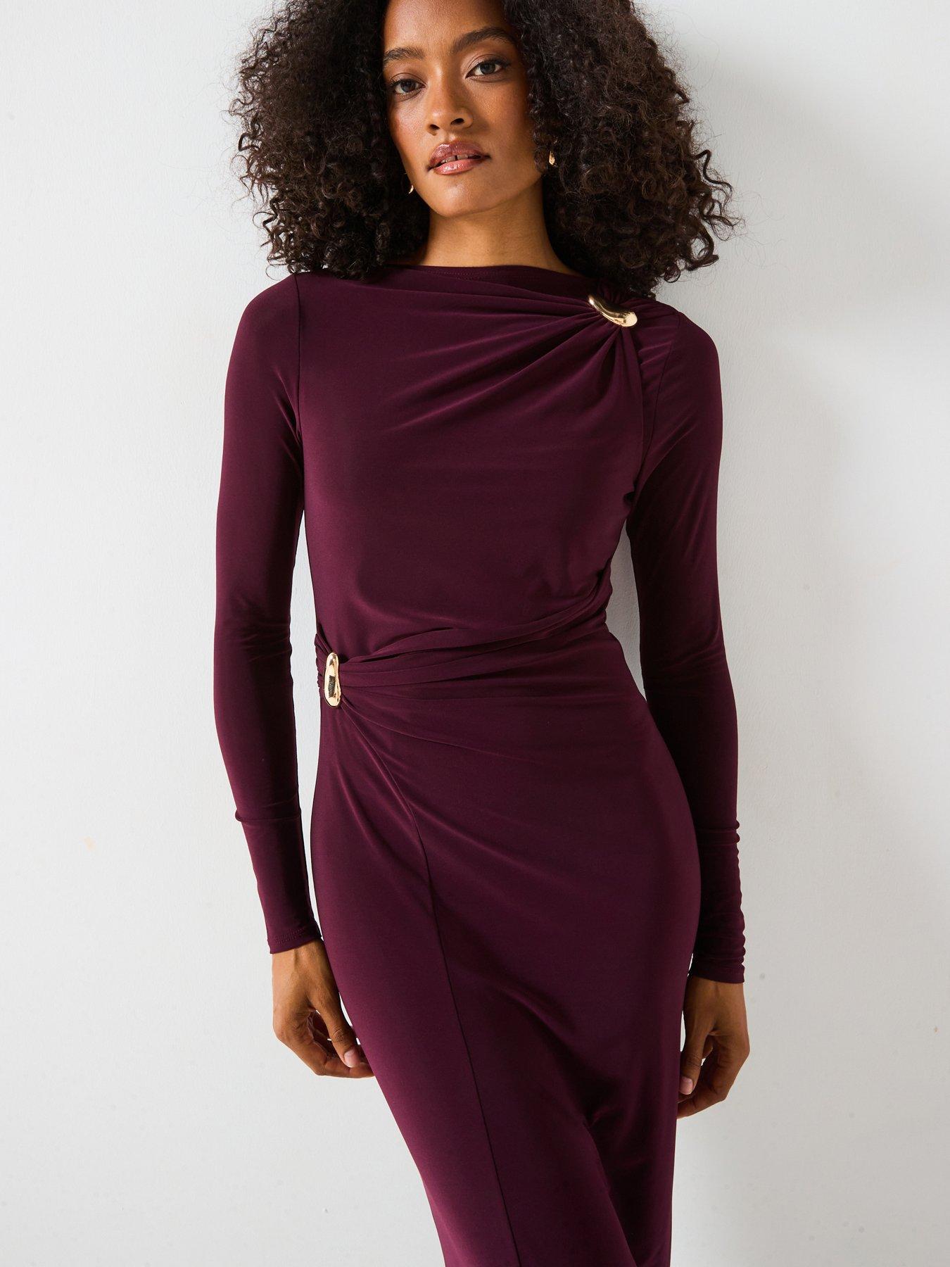 V by Very Long Sleeve Draped Asymmetric Maxi Dress with Gold Teardrop Trims - Red