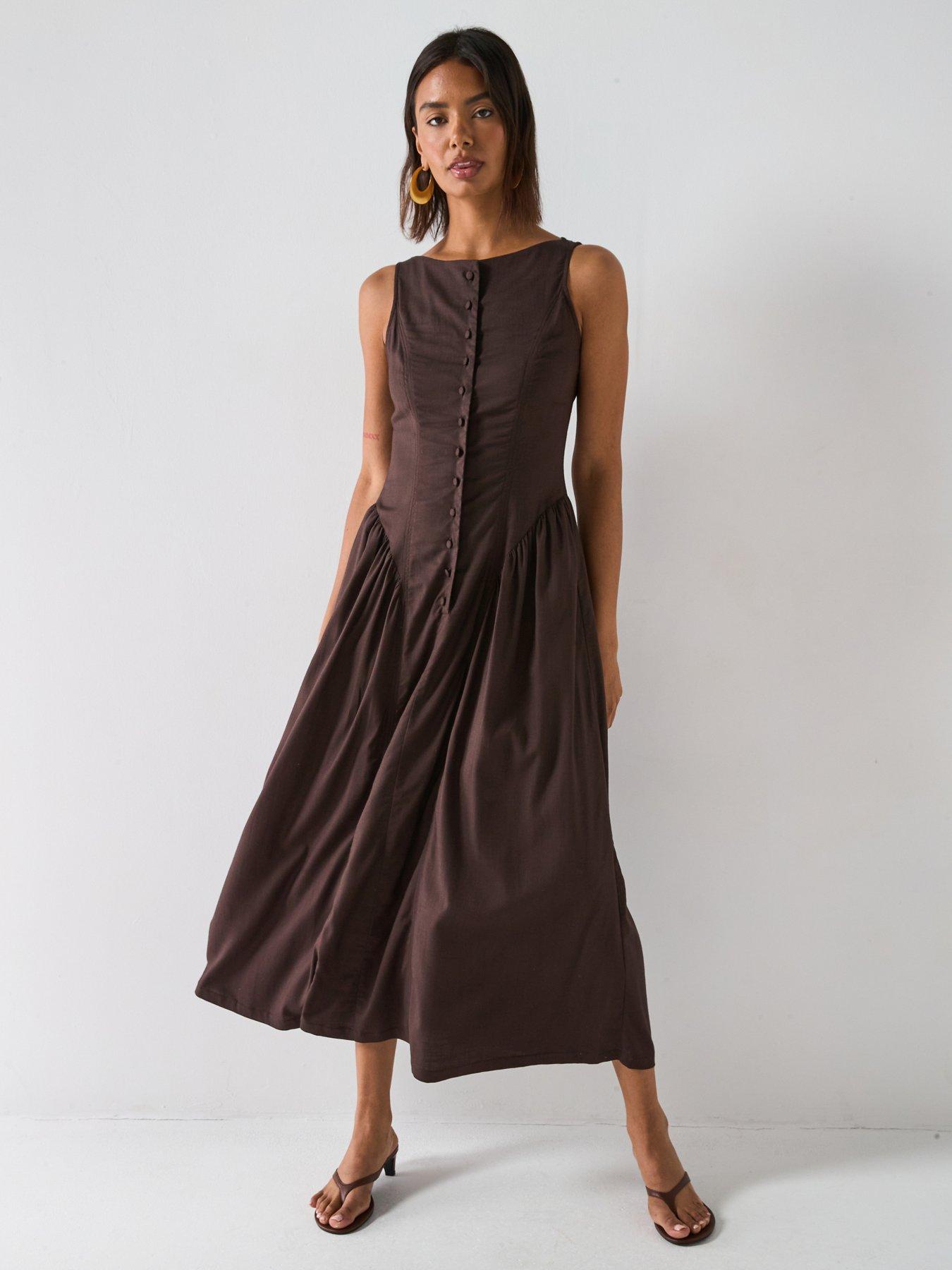 undefined Dropped Waist Button Down Midaxi Dress - Brown