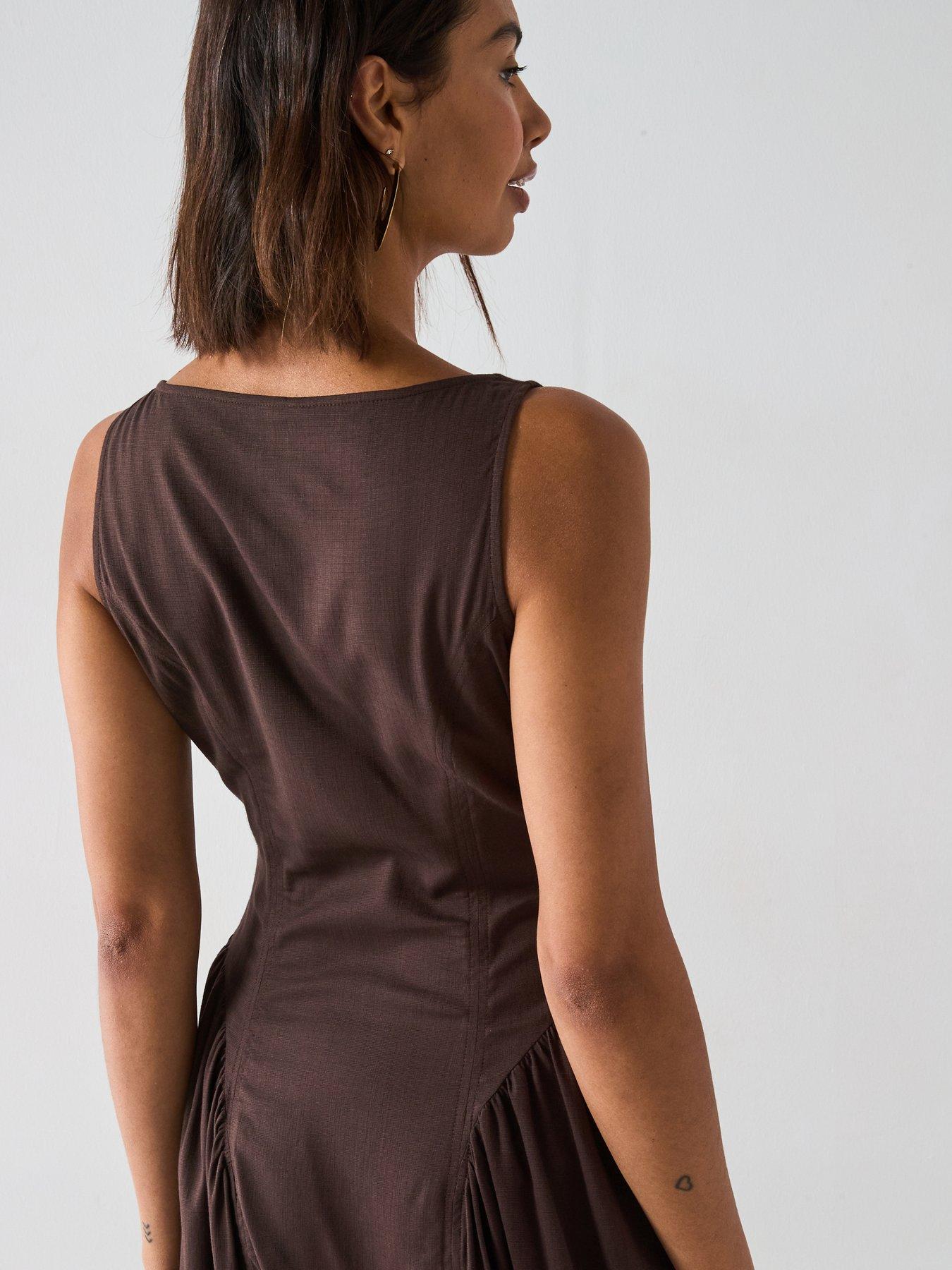 Image 5 of 6 of V by Very Dropped Waist Button Down Midaxi Dress - Brown