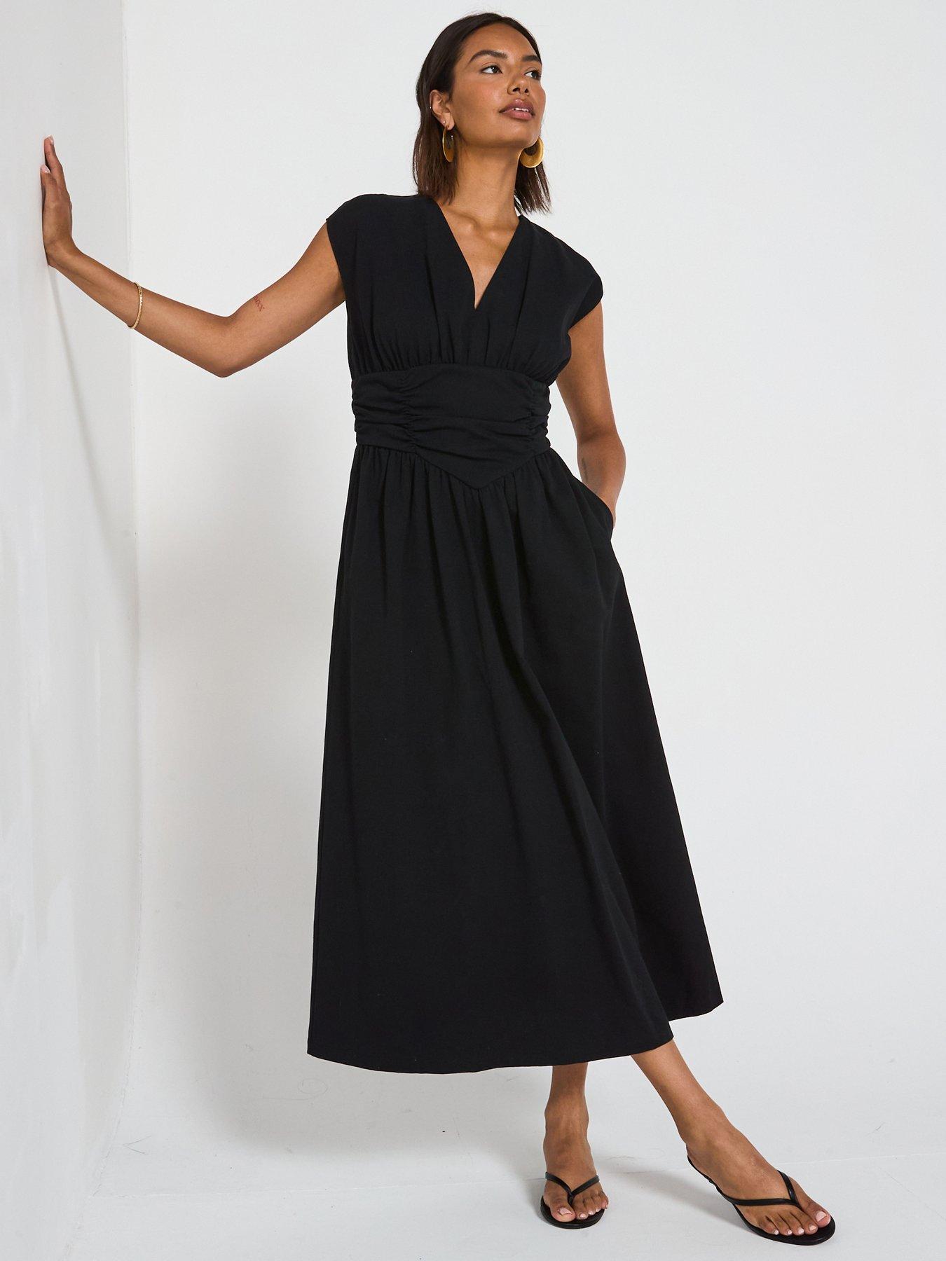 undefined Shirred Waist V Neck Midaxi Dress