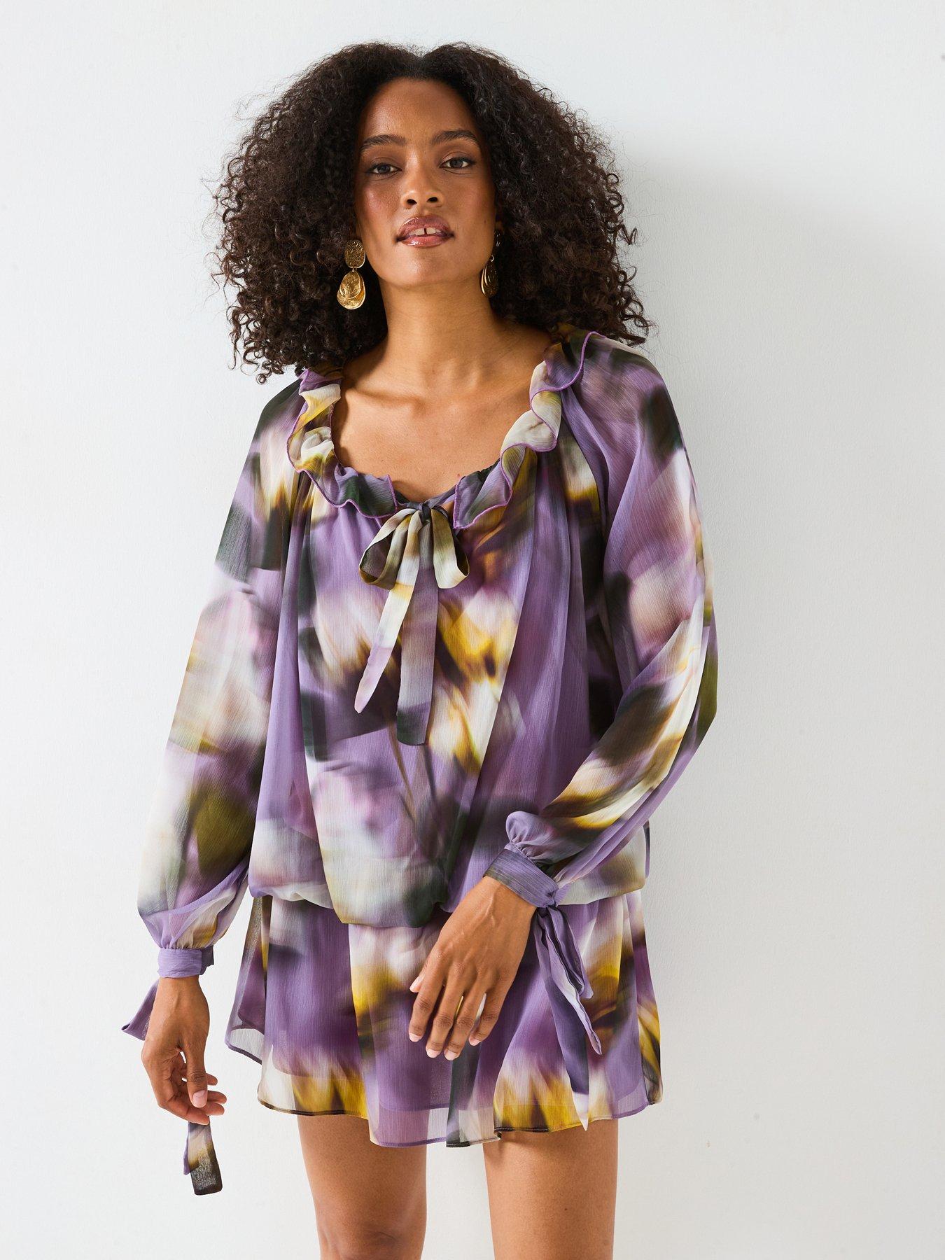 undefined Dropped Hem Tie Sleeve Printed Mini Dress - Print