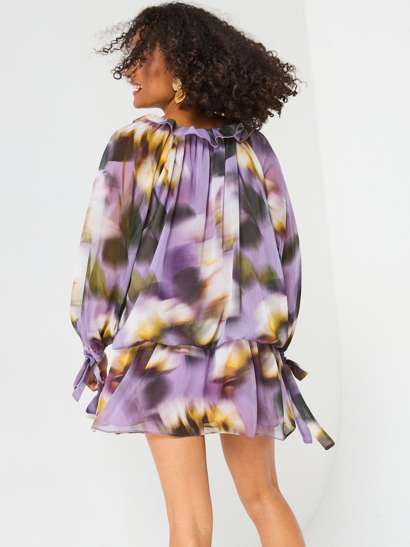 Image 2 of 6 of V by Very Dropped Hem Tie Sleeve Printed Mini Dress - Print