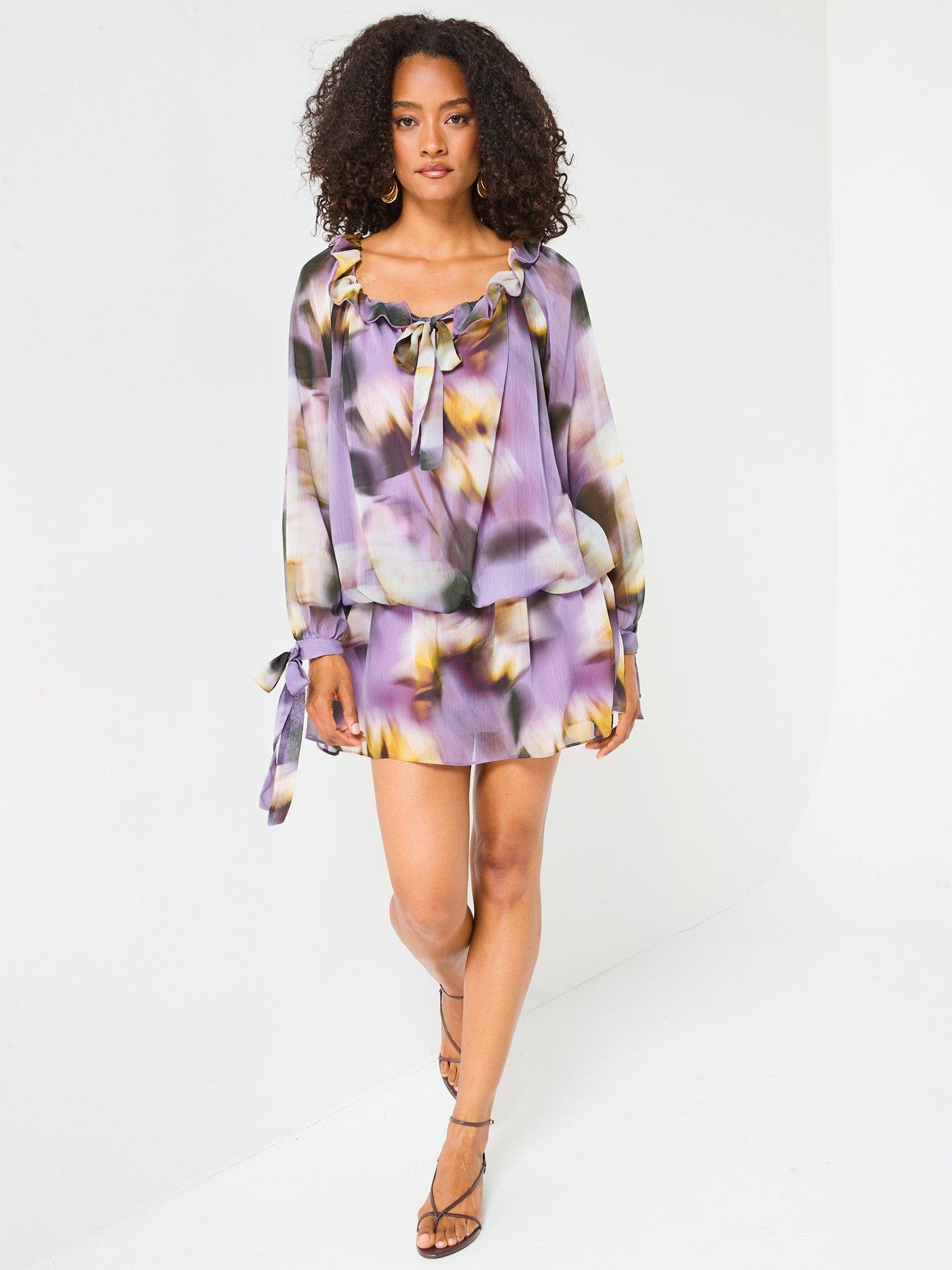 Image 3 of 6 of V by Very Dropped Hem Tie Sleeve Printed Mini Dress - Print