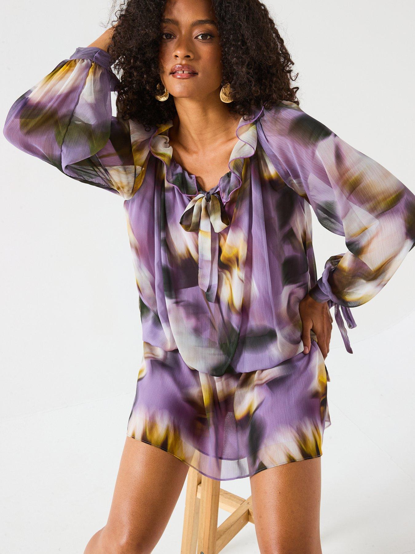 Image 4 of 6 of V by Very Dropped Hem Tie Sleeve Printed Mini Dress - Print