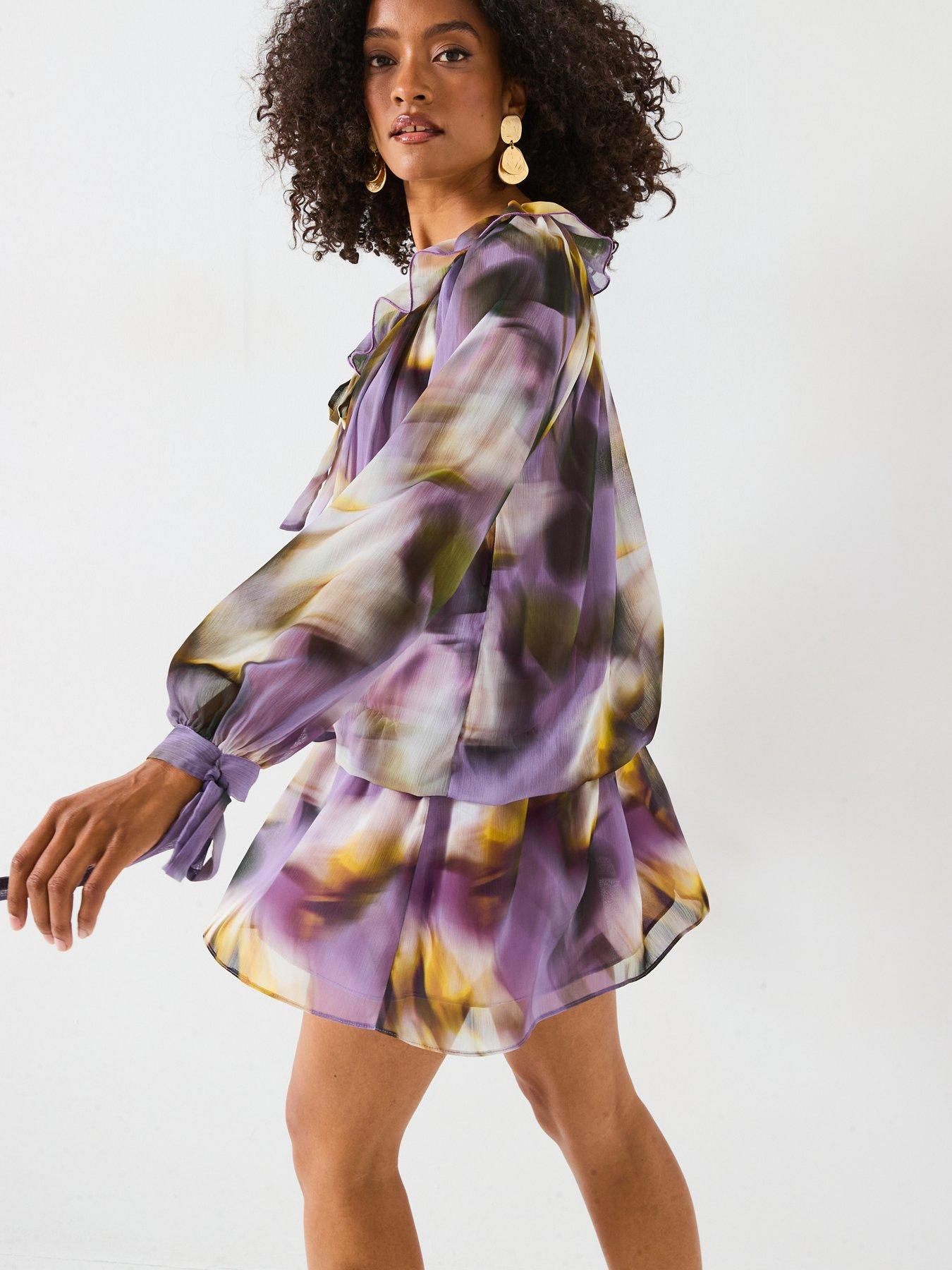 Image 5 of 6 of V by Very Dropped Hem Tie Sleeve Printed Mini Dress - Print