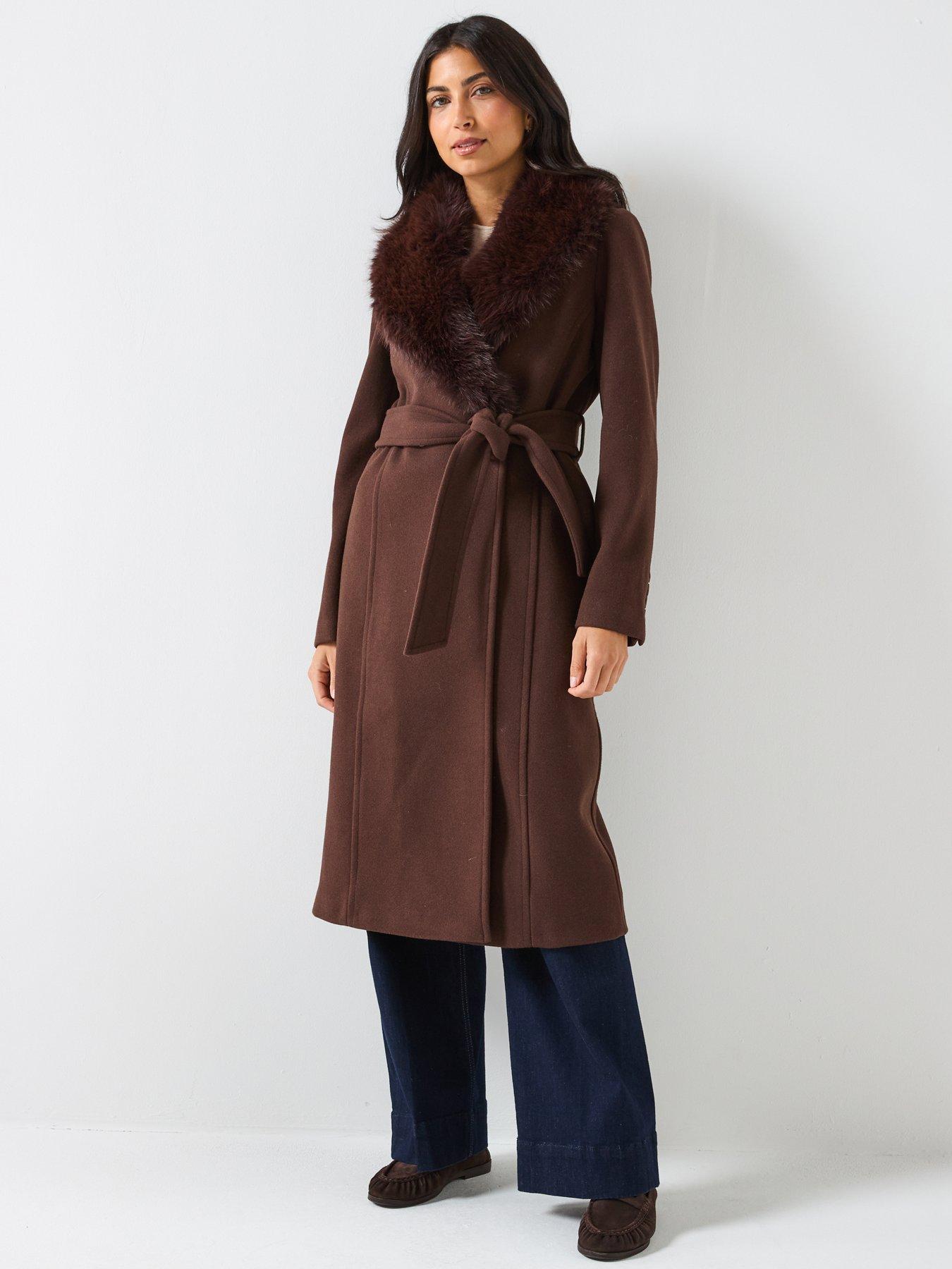  image of forever-new-monica-faux-fur-collar-wrap-coat-brown