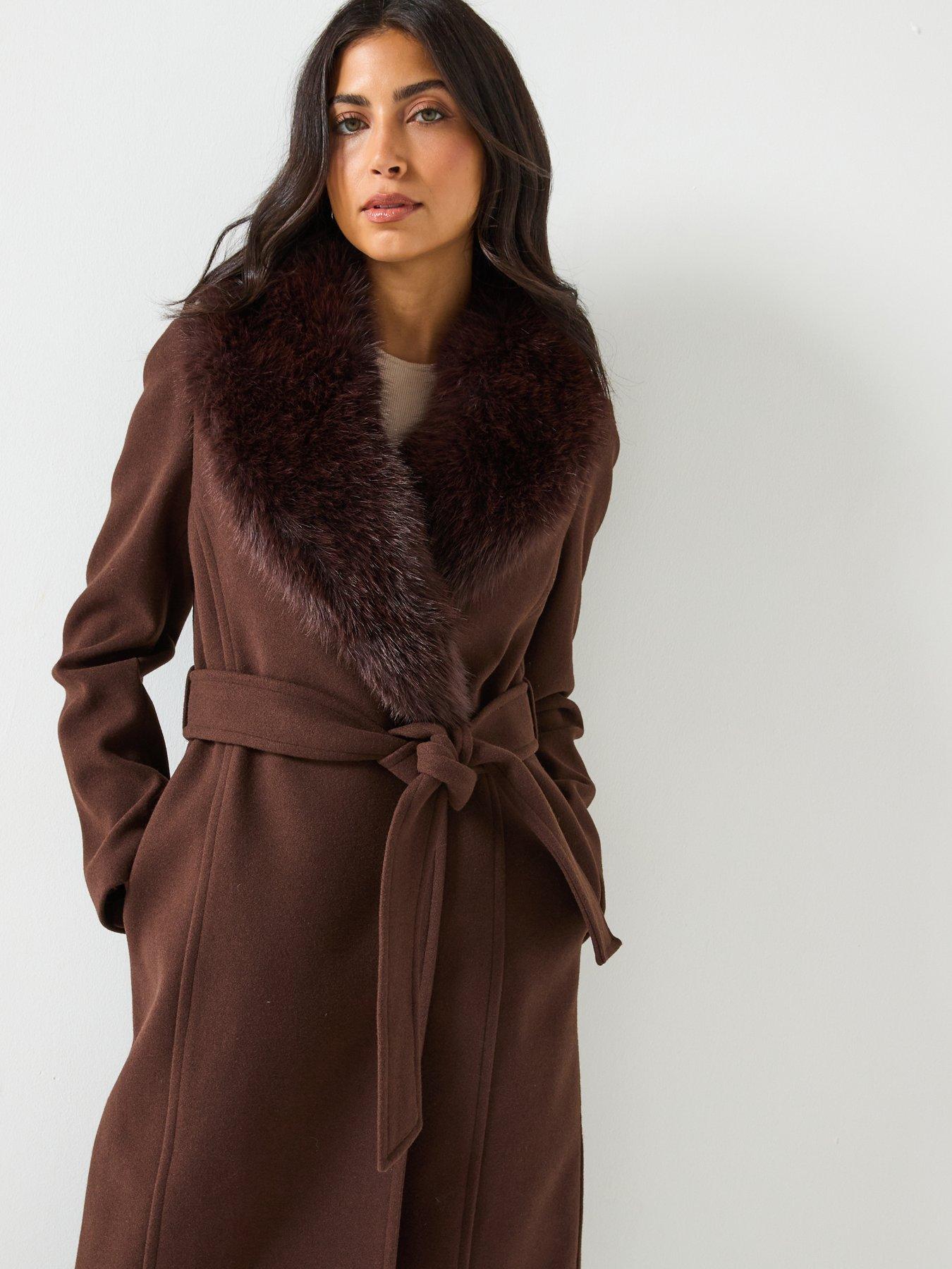  image of forever-new-monica-faux-fur-collar-wrap-coat-brown