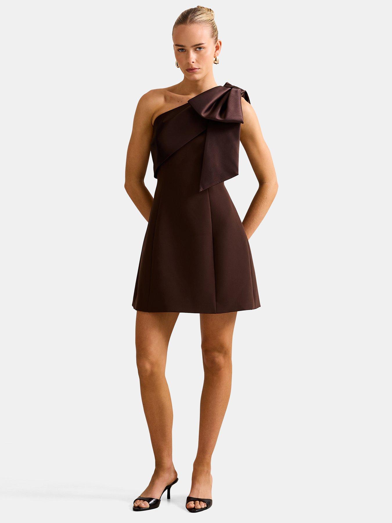  image of forever-new-holly-asymmetric-bow-mini-dress-brown