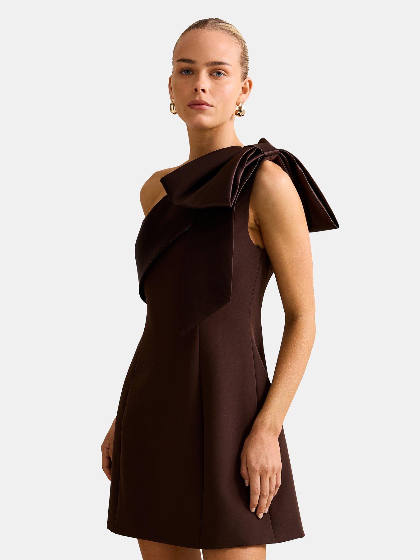  image of forever-new-holly-asymmetric-bow-mini-dress-brown