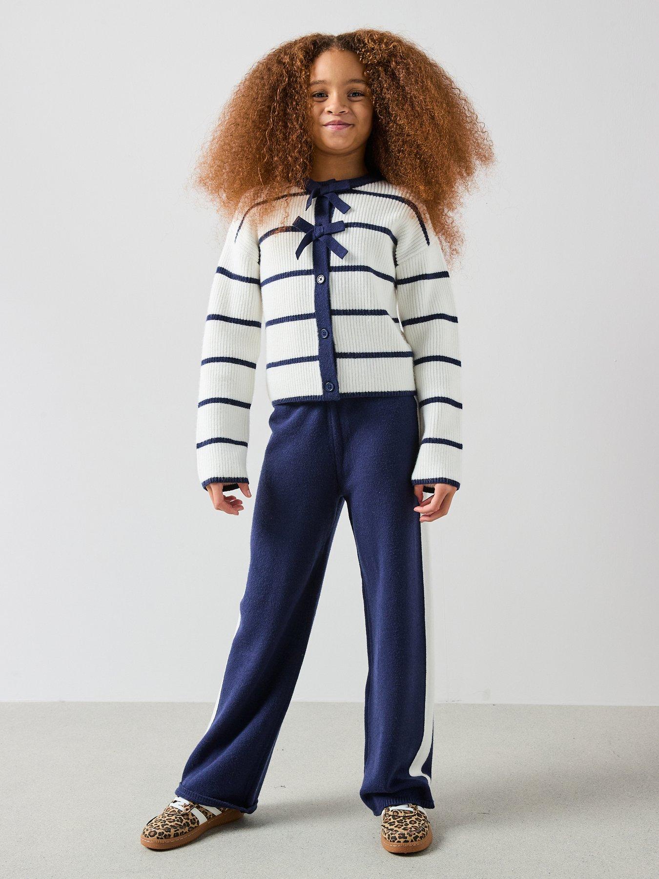 The Very Collection Girls Knit Stripe Bow Cardigan And Wide Leg Knitted Trousers - Navy Blue