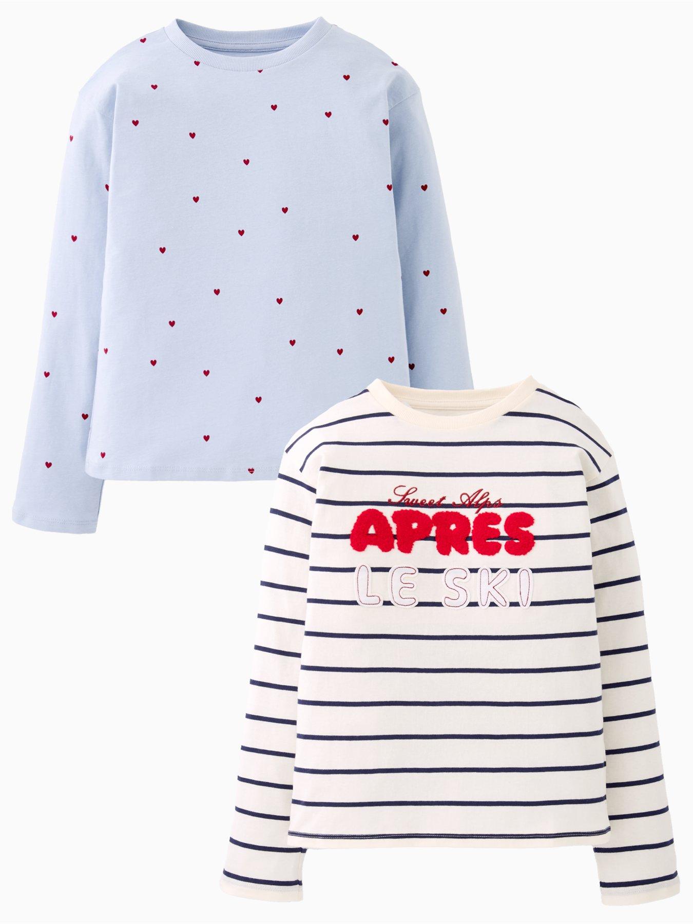 Image 1 of 4 of The Very Collection Girls 2 Pack Ski Slogan And Stripe Long Sleeve Tops - Multi