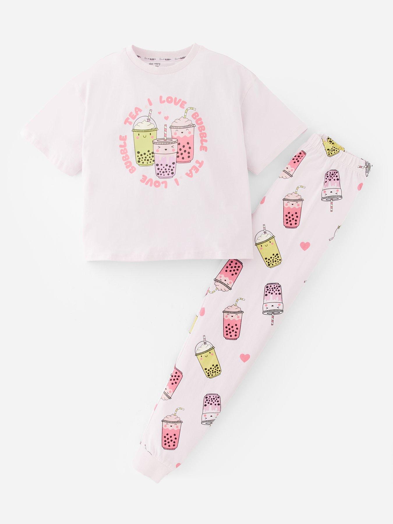 front image of the-very-collection-girls-single-pyjamas-bubble-tea