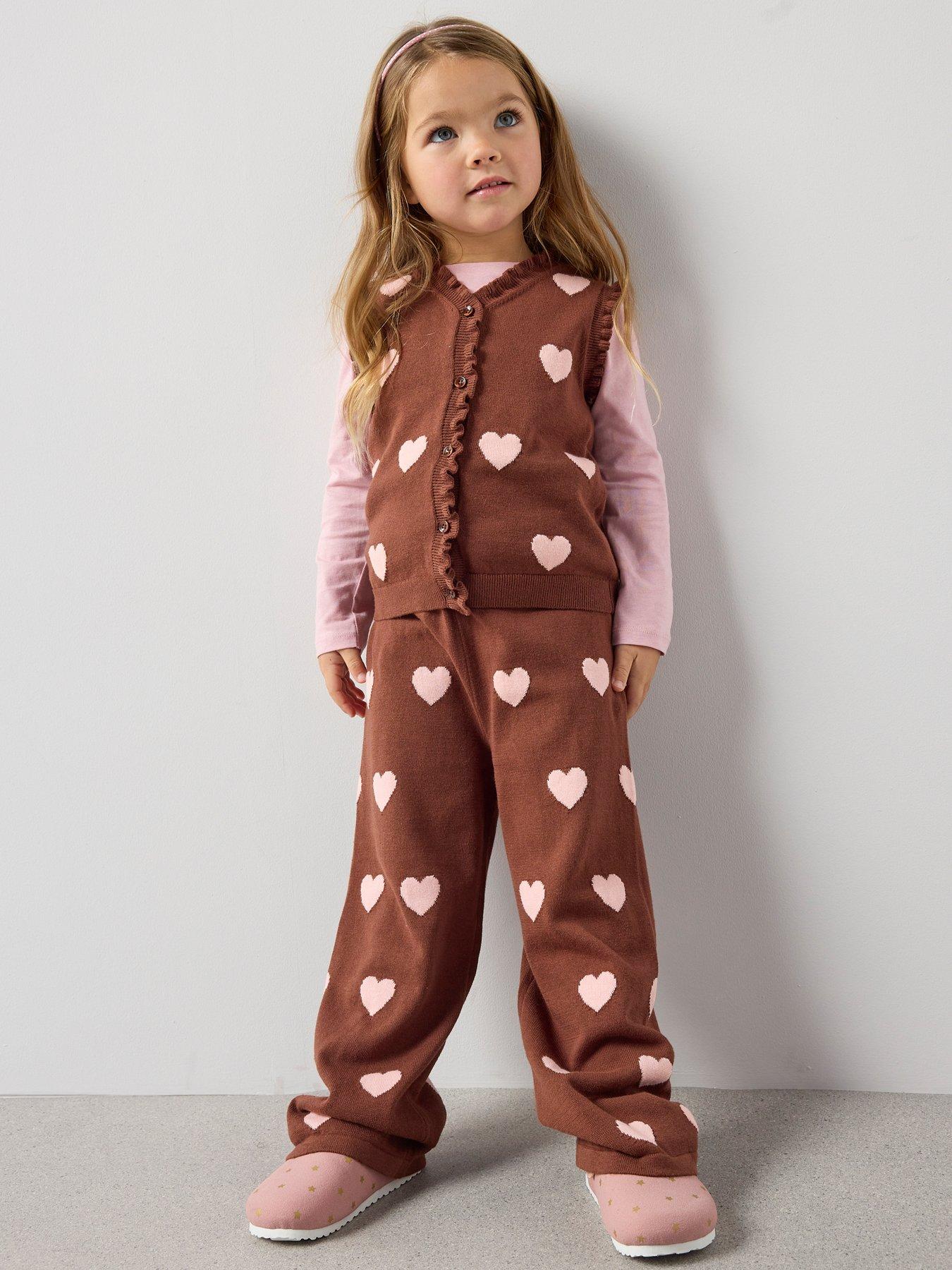 front image of the-very-collection-girls-knitted-heart-detail-vest-and-wide-leg-trouser-print