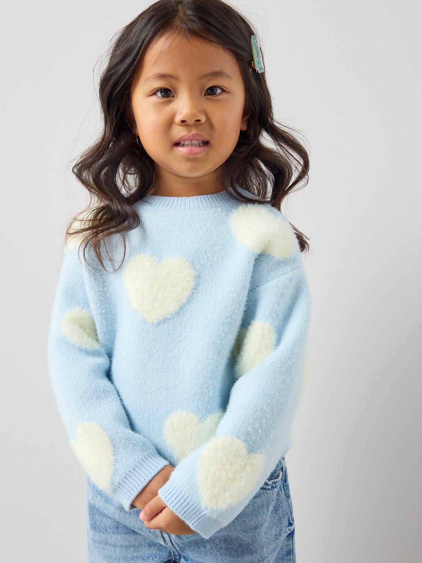 front image of the-very-collection-girls-heart-print-jumper-with-3d-heart-detail-blue