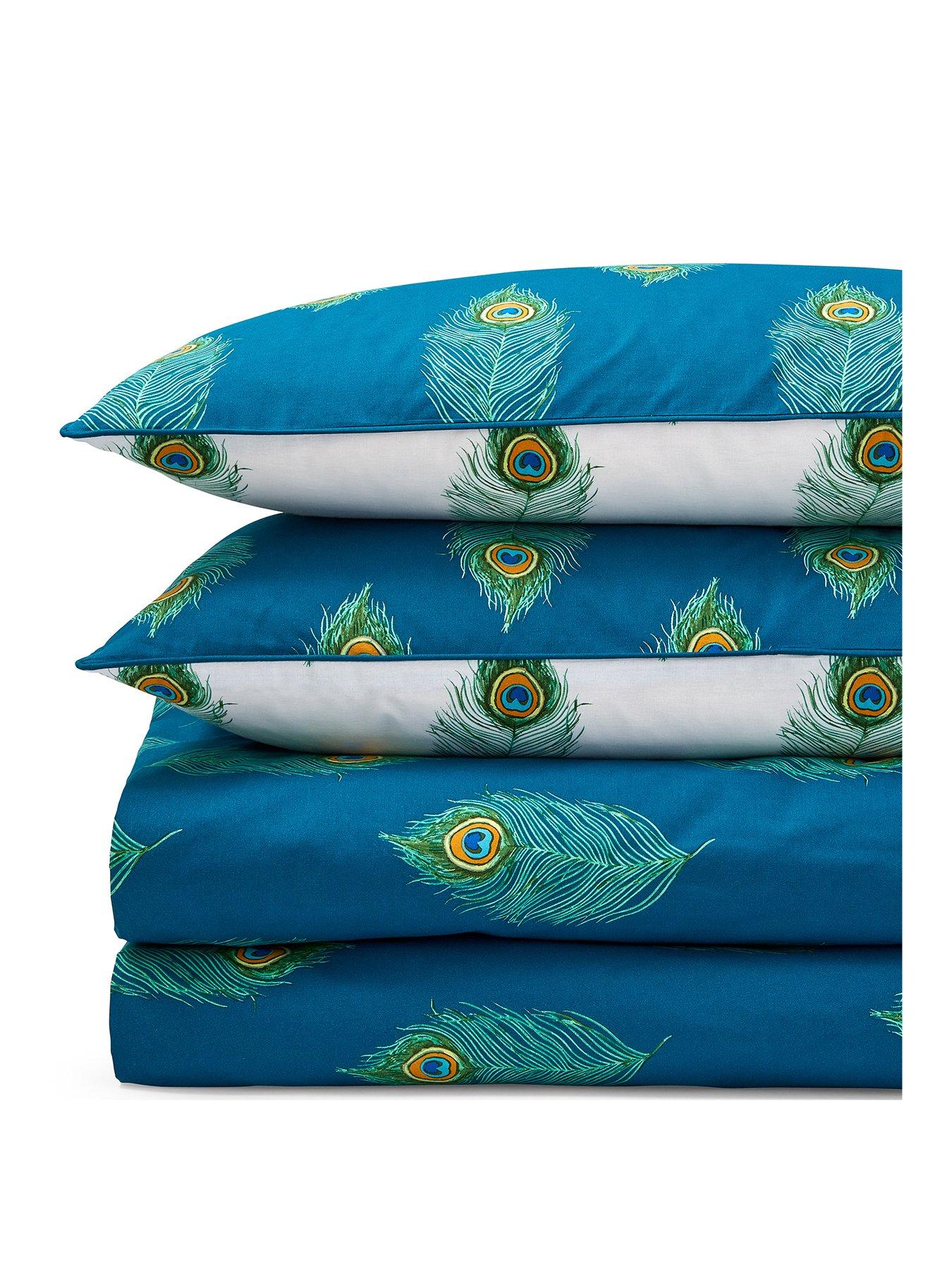  image of their-nibs-peacock-feather-100-cotton-reversible-duvet-set-teal-green