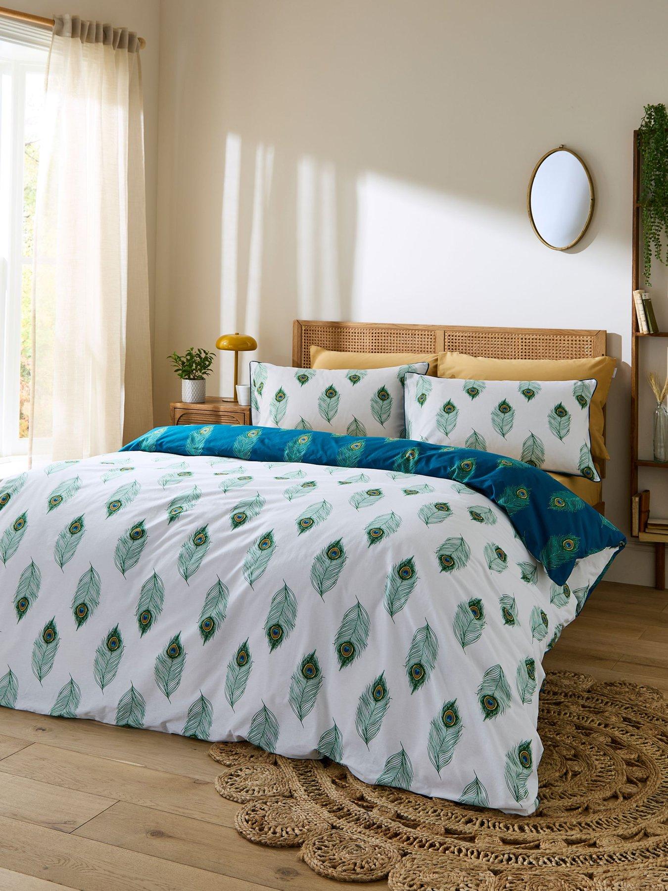  image of their-nibs-peacock-feather-100-cotton-reversible-duvet-set-teal-green