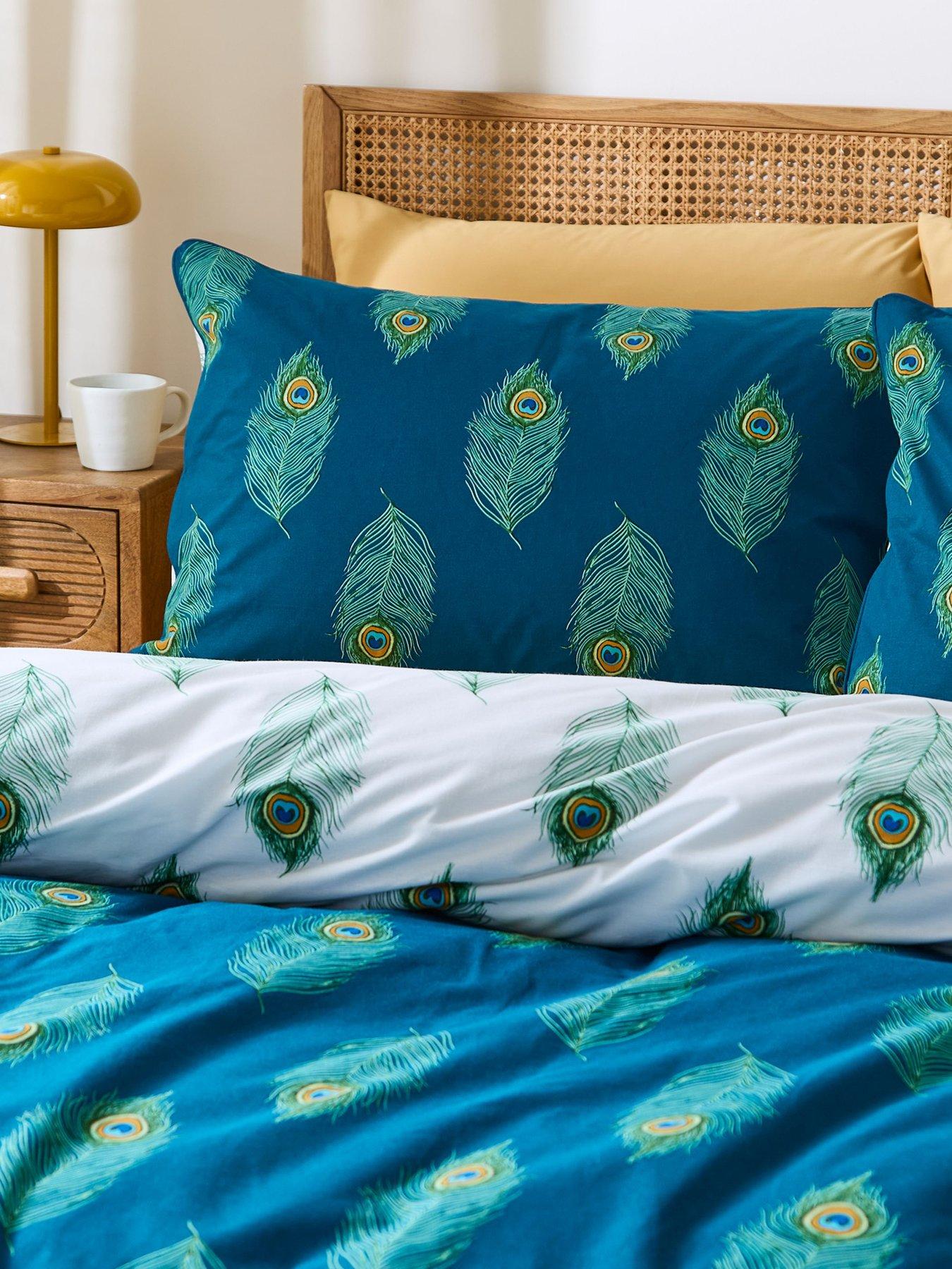  image of their-nibs-peacock-feather-100-cotton-reversible-duvet-set-teal-green