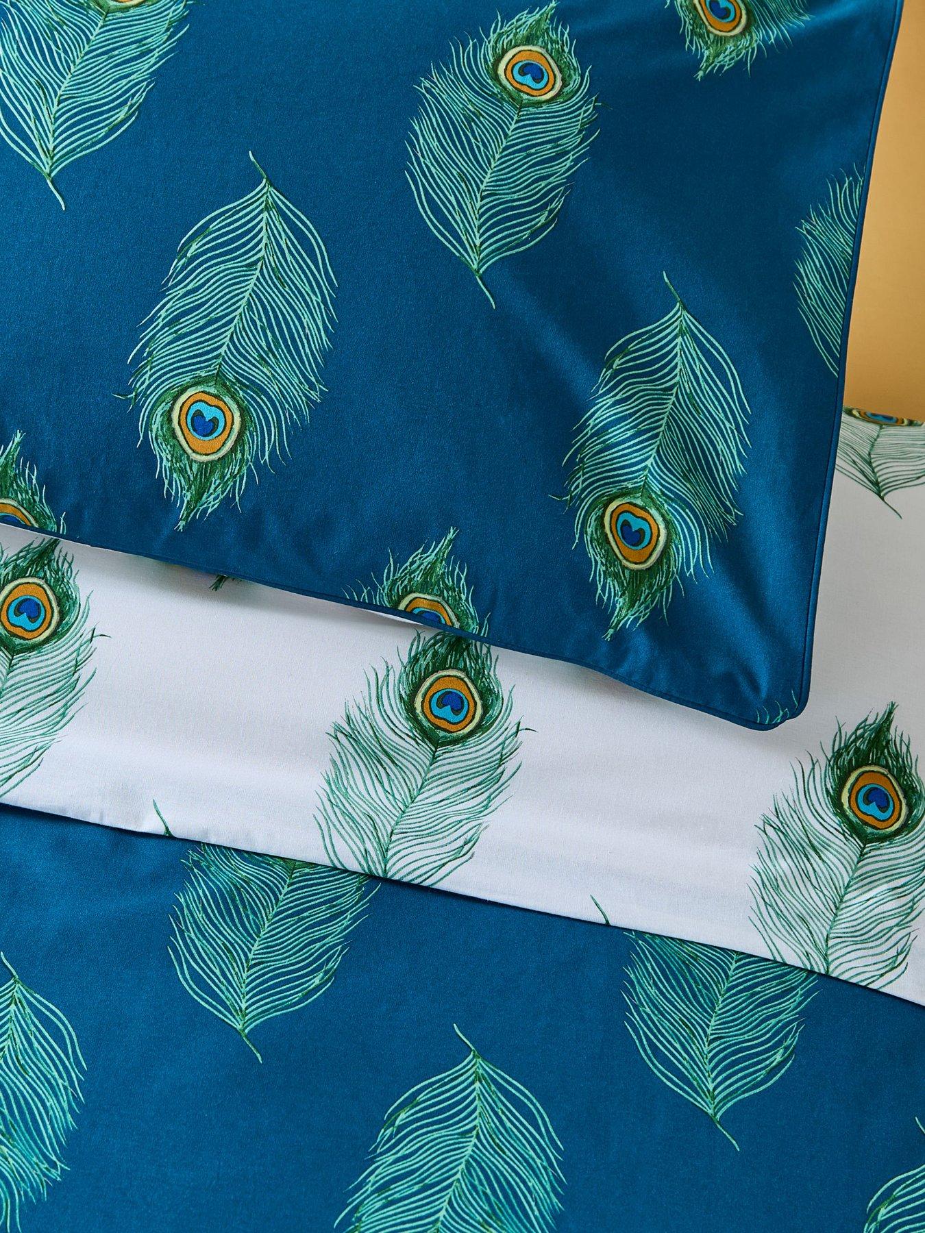  image of their-nibs-peacock-feather-100-cotton-reversible-duvet-set-teal-green