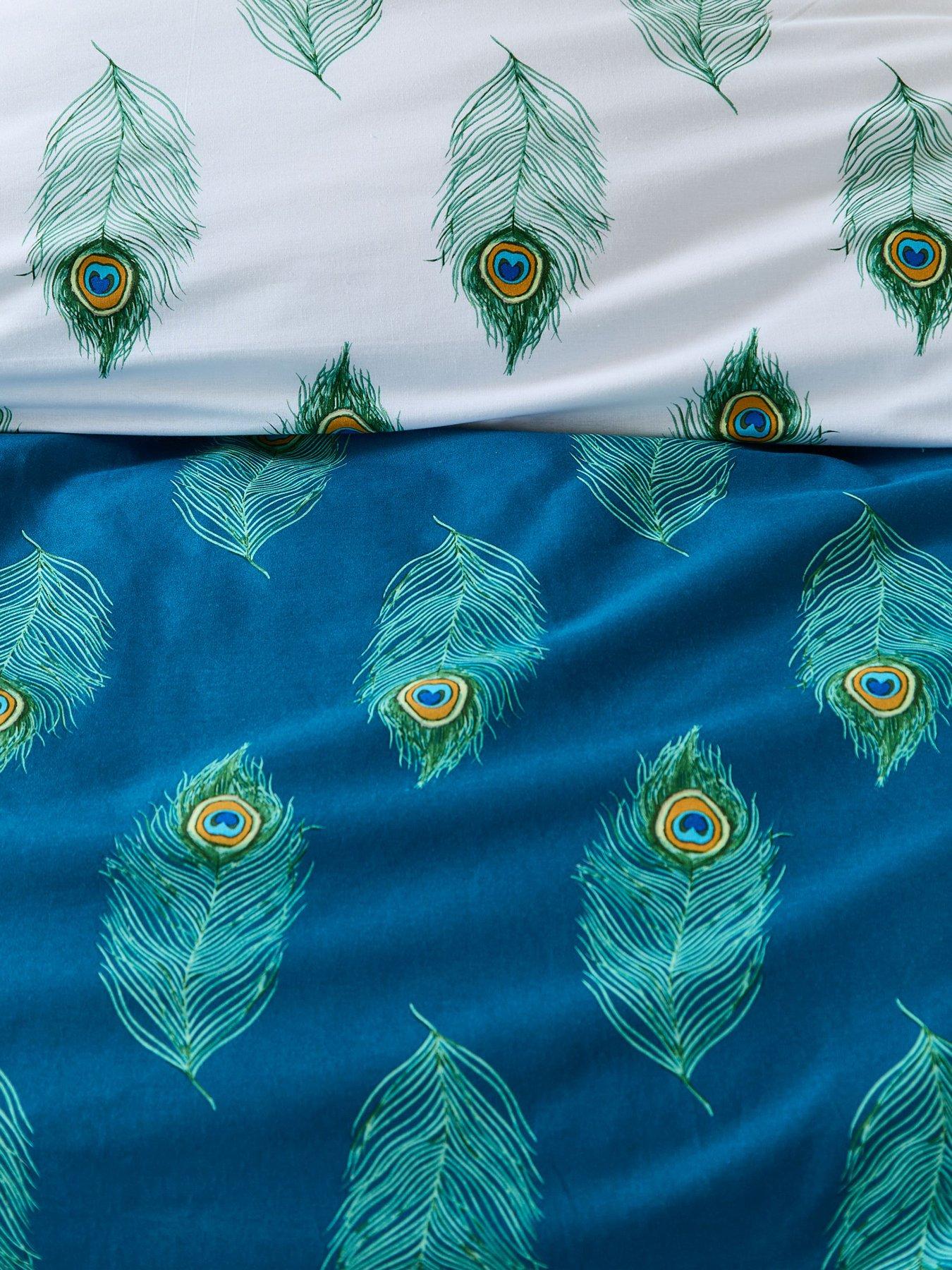  image of their-nibs-peacock-feather-100-cotton-reversible-duvet-set-teal-green