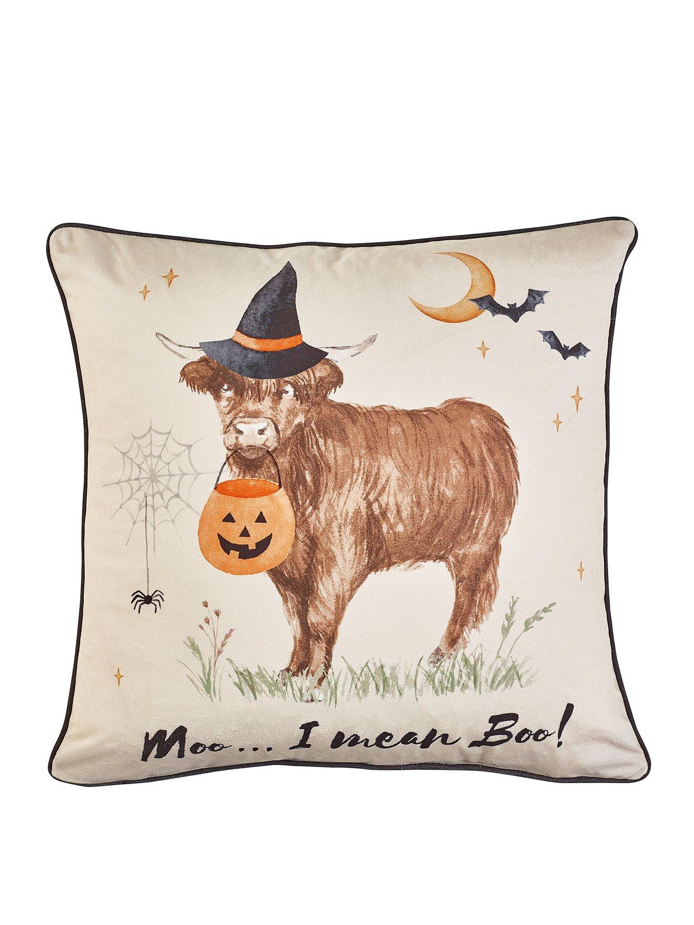  image of catherine-lansfield-halloween-highland-cow-filled-cushion--45x45cm
