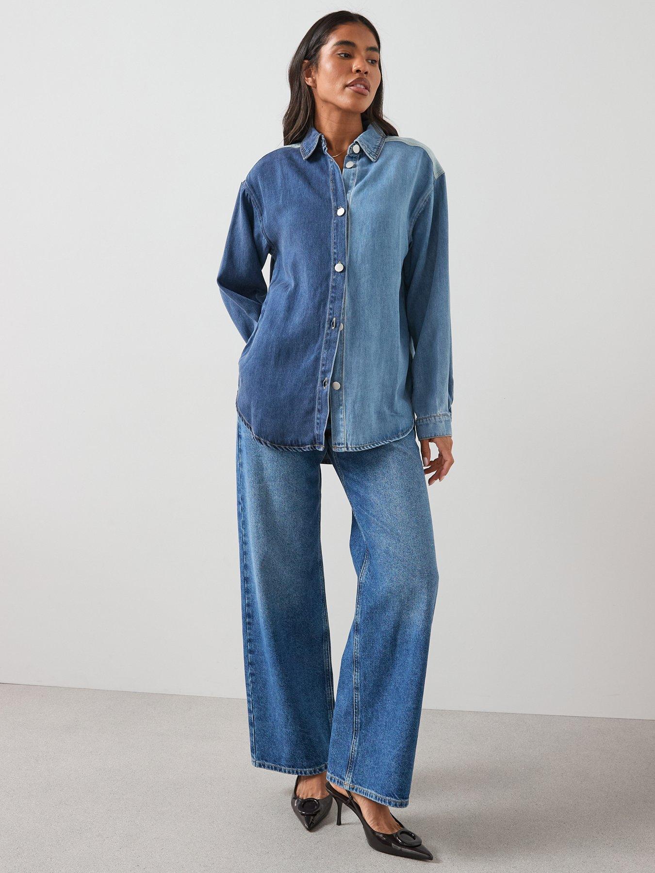  image of the-very-collection-contrast-wash-oversized-denim-shirt-mid-wash